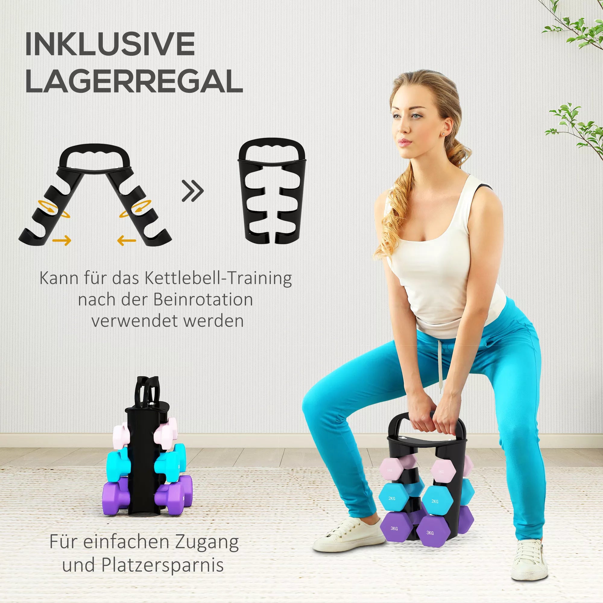 Hantelų rinkinys su laikymo stovu, rinkinys su 6 hanteliais treniruotėms, 2 x 1 kg, 2 x 2 kg, 2 x 3 kg