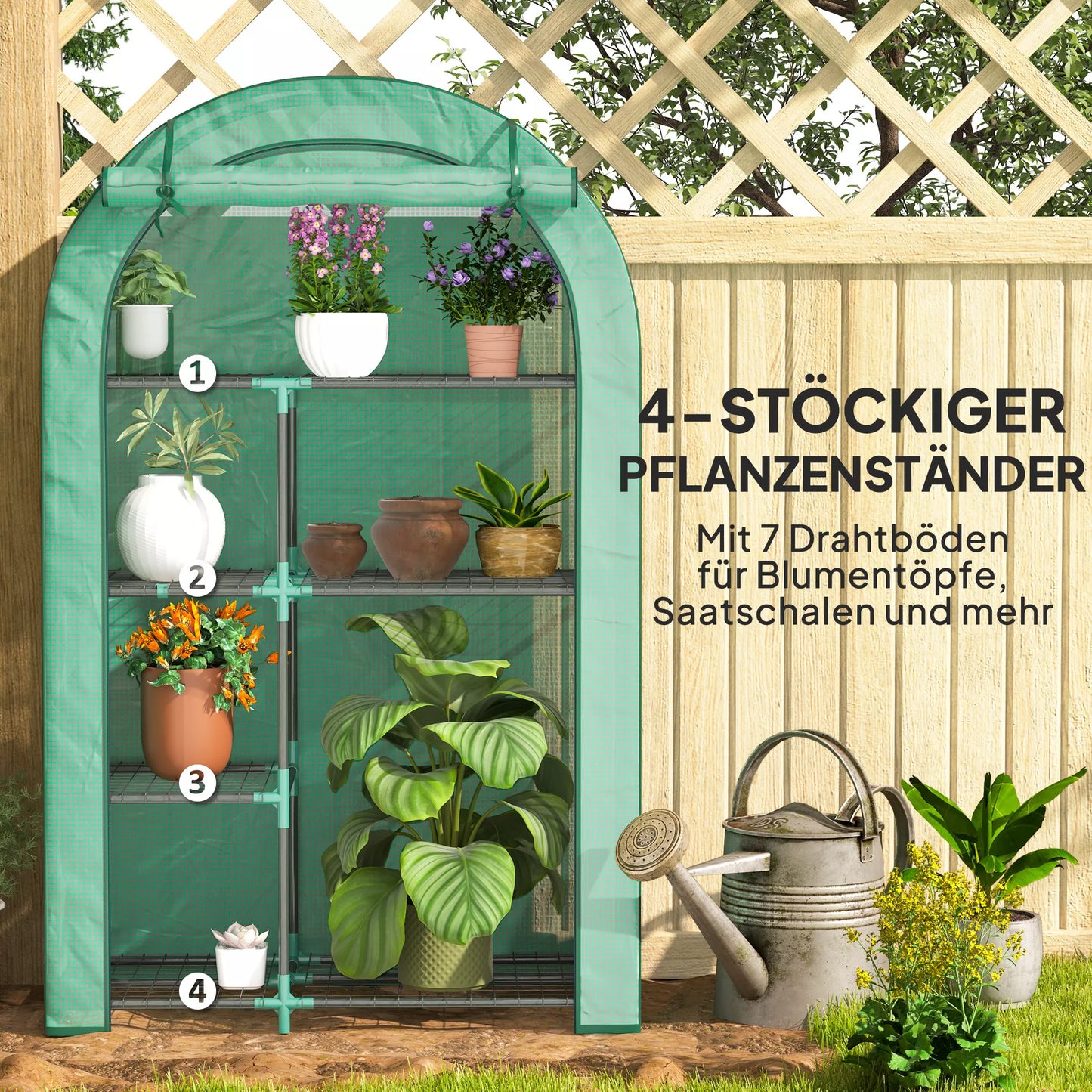 Mini šiltnamis, 4 pakopų šiltnamis su plastikine danga, nešiojamas, su susukamos durimis, 100 x 45 x 160 cm, žalias