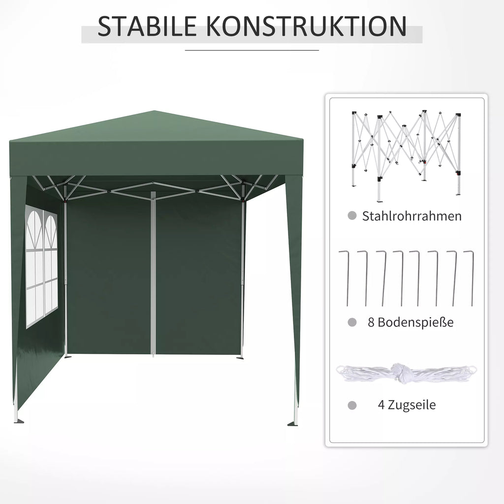 Sulankstomas paviljonas, alaus palapinė, 4 nuimamos šoninės sienos, 2 langai, metalinis rėmas, 2 x 2 m, tamsiai žalia