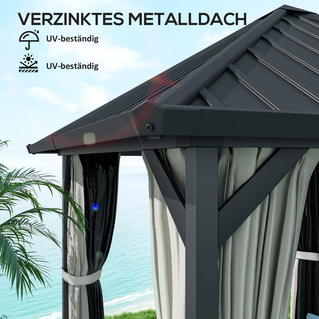 3 x 3 m kietas stogas paviljonas, sodo paviljonas su metaliniu stogu, vandeniui atspari sodo palapinė su tinkleliu ir šoninėmis sienomis, tamsiai pilka