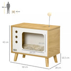 Katės namelio schema su matmenimis 50, 43 ir 28 cm bei žmogaus siluetu