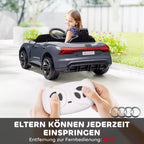 Mergaitė vairuoja pilką Audi RS e-tron GT elektromobilį, tėvas laiko nuotolinio valdymo pultą