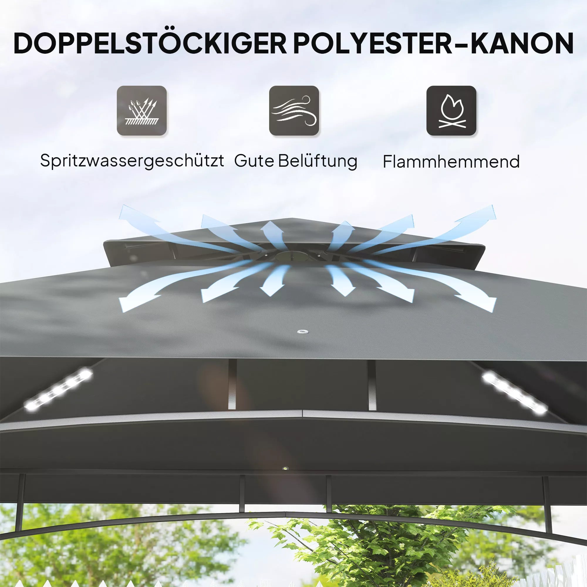 Grill paviljonas su LED 240 x 150 x 258 cm, atsparus vandeniui, ugniai atsparus Sodo paviljonas su dvigubu stogu