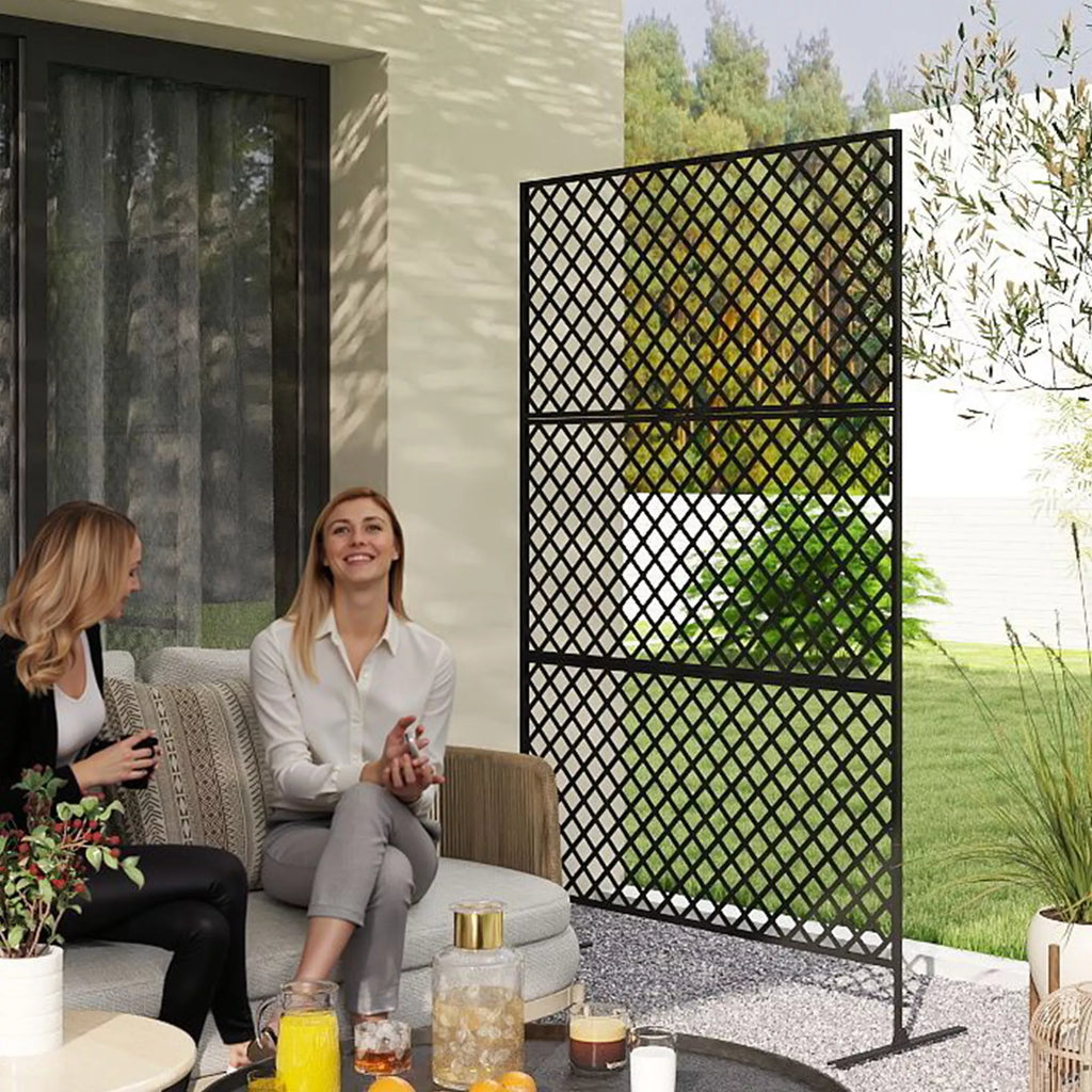 Lauko erdvės skirstytuvas, metalinis sieninis ekranas terasai, verandai, sodui, laisvai stovintis grotelės, plienas, juodas