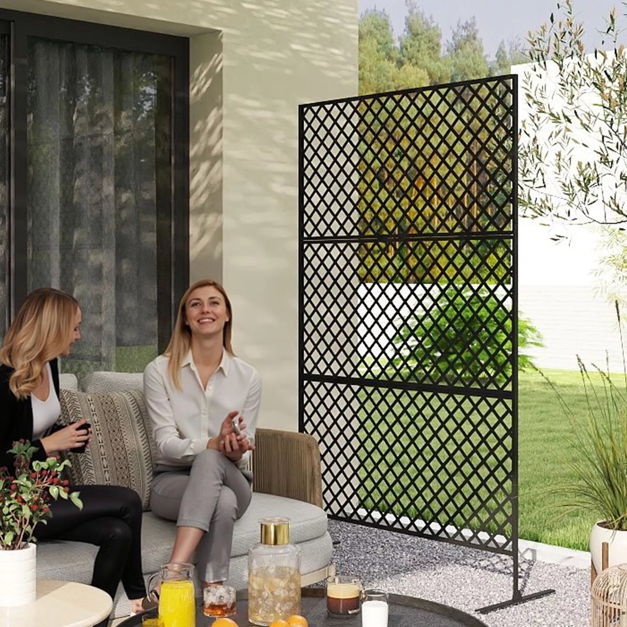 Lauko erdvės skirstytuvas, metalinis sieninis ekranas terasai, verandai, sodui, laisvai stovintis grotelės, plienas, juodas