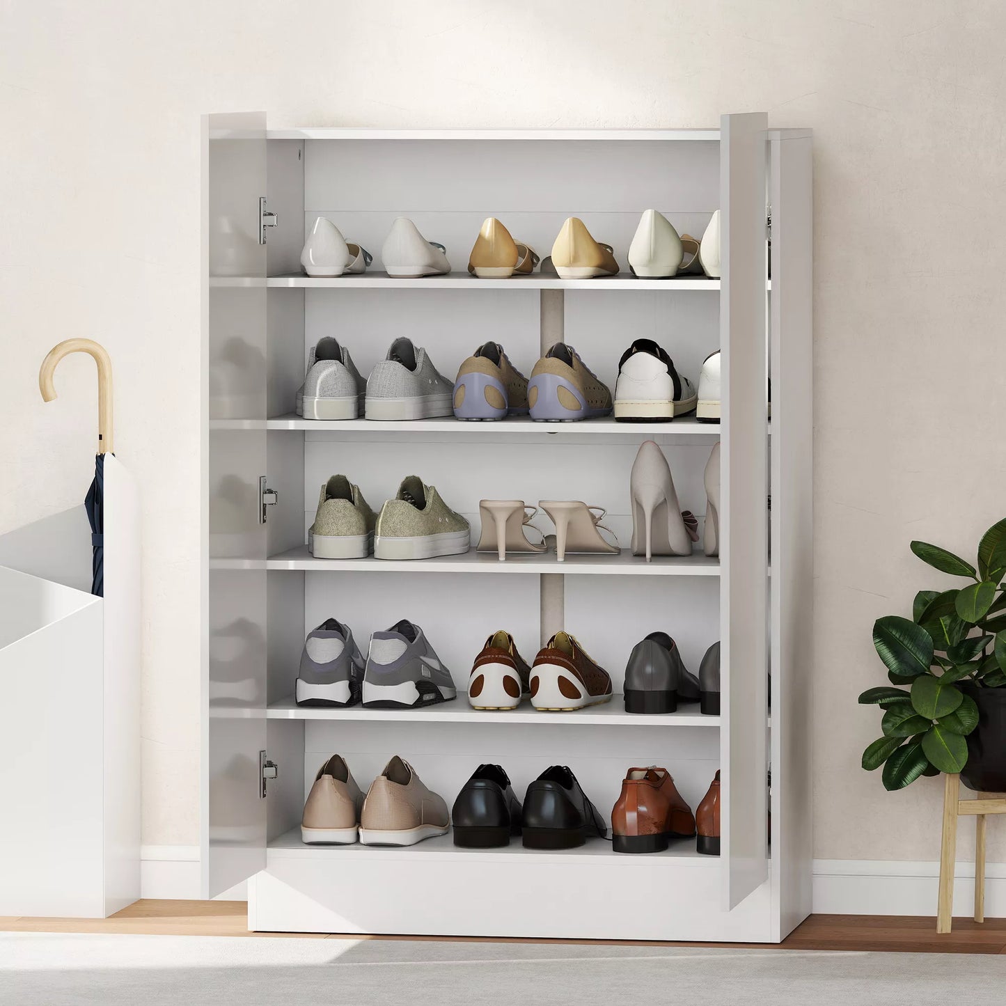 5 pakopų batų spintelė 20 poroms batų, reguliuojamos lentynos, skirta prieškambariui, koridoriui, medinė, balta