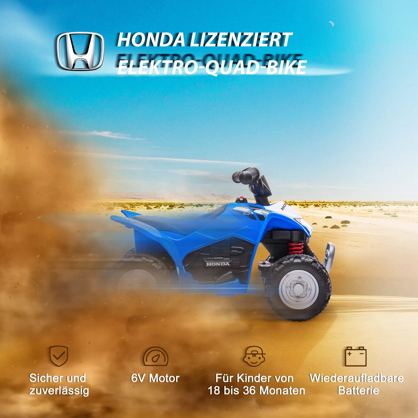 Elektrinis vaikiškas keturratis, LED žibintas, garso signalas, plačios padangos, patogi sėdynė, neslystančios rankenos, mėlynos spalvos