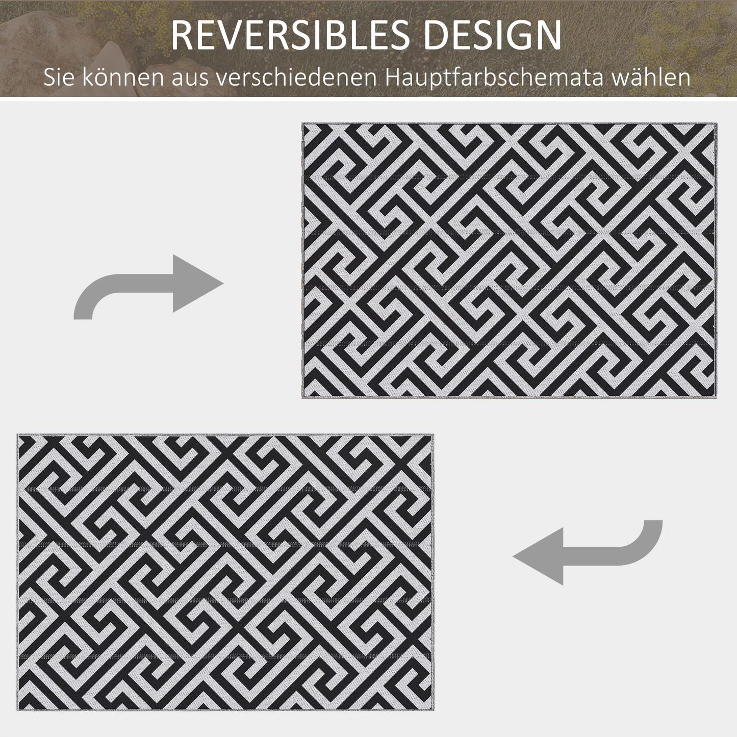 Lauko kilimas, tinkamas naudoti abiejose pusėse, patvarus, kraštai apsaugoti nuo išsiplėšimo, juodas + baltas, 121 x 182 cm