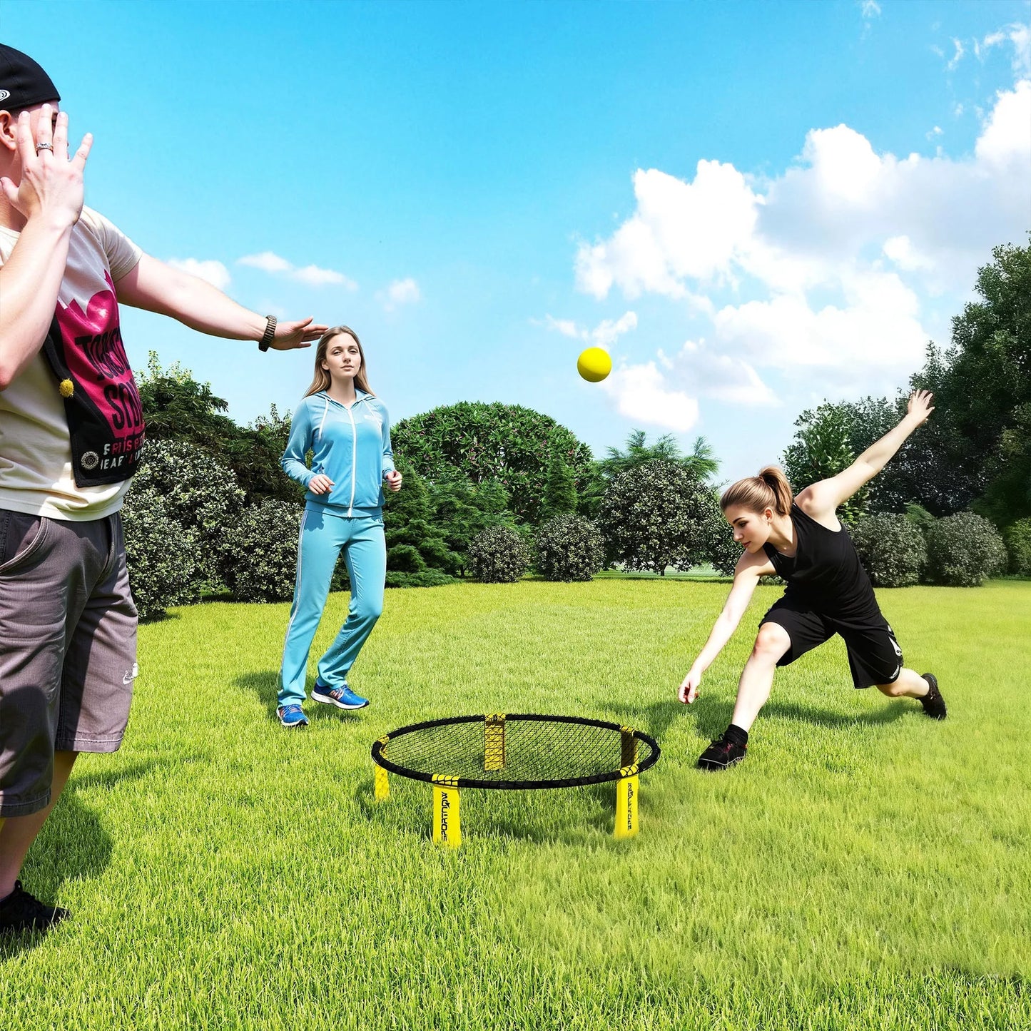 Roundnet rinkinys, žaidimo komplektas su žaidimo tinklu, 3 kamuoliais, nešiojamuoju krepšiu, kamuolių pompa, Spikeball rinkinys, Ø92 x 20 cm, Geltonas