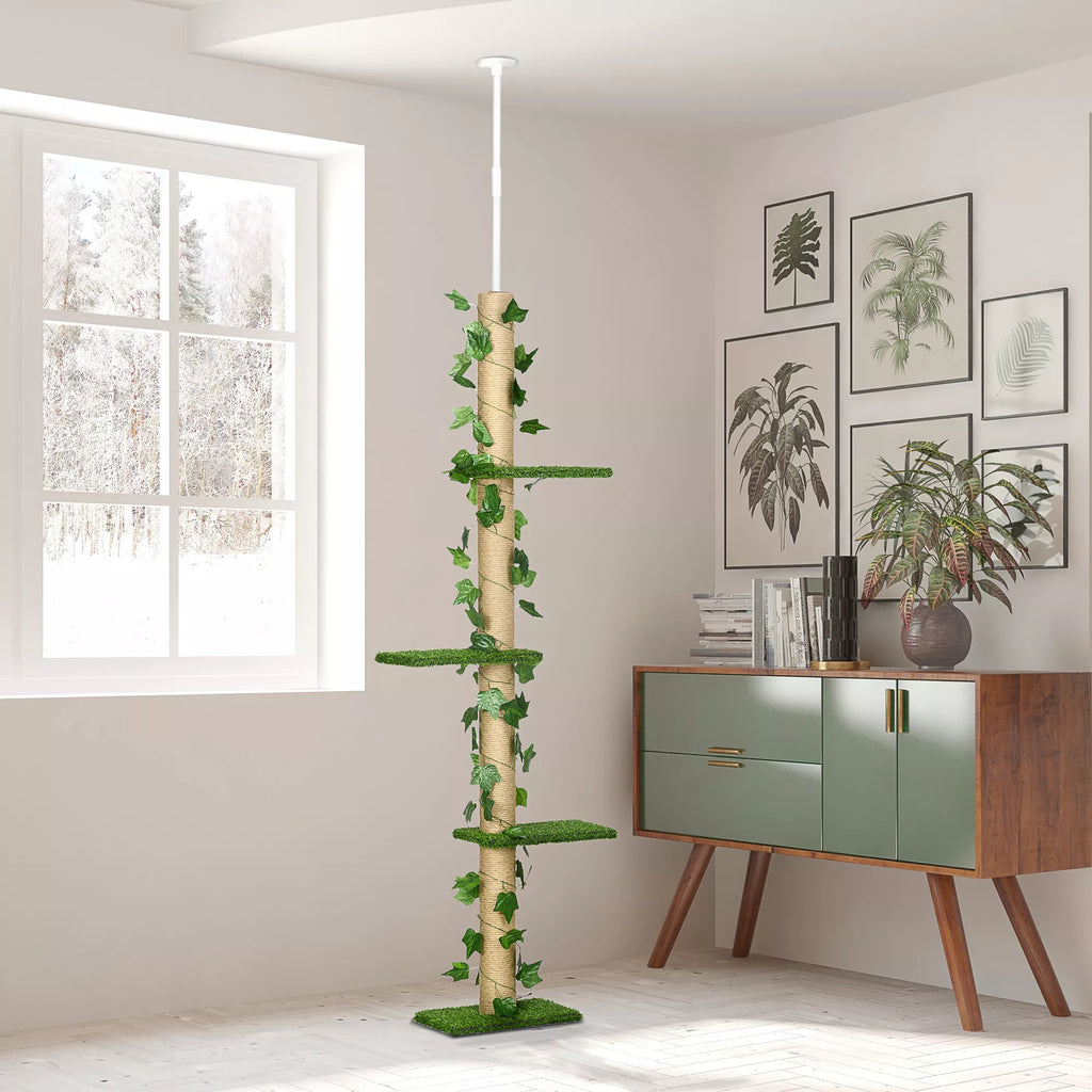 Kratzbaum aukštis reguliuojamas 202-242 cm, neslidus, džiuto virvės stulpeliai, medžio drožlių plokštė, žalia/geltona