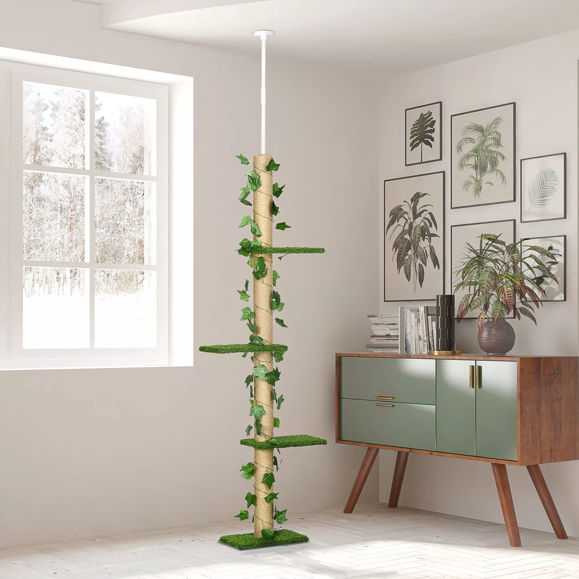 Kratzbaum aukštis reguliuojamas 202-242 cm, neslidus, džiuto virvės stulpeliai, medžio drožlių plokštė, žalia/geltona