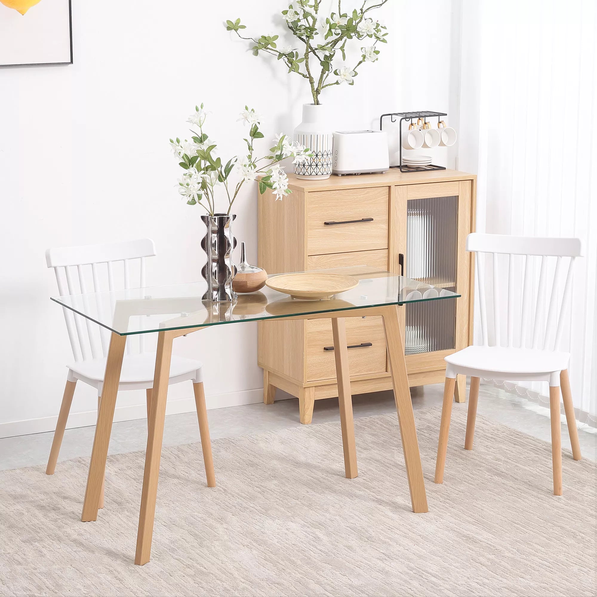Valgomojo stalas 4 asmenims, stiklinis stalviršis, plieninis rėmas, medžio imitacija, 120L x 60B x 76H cm