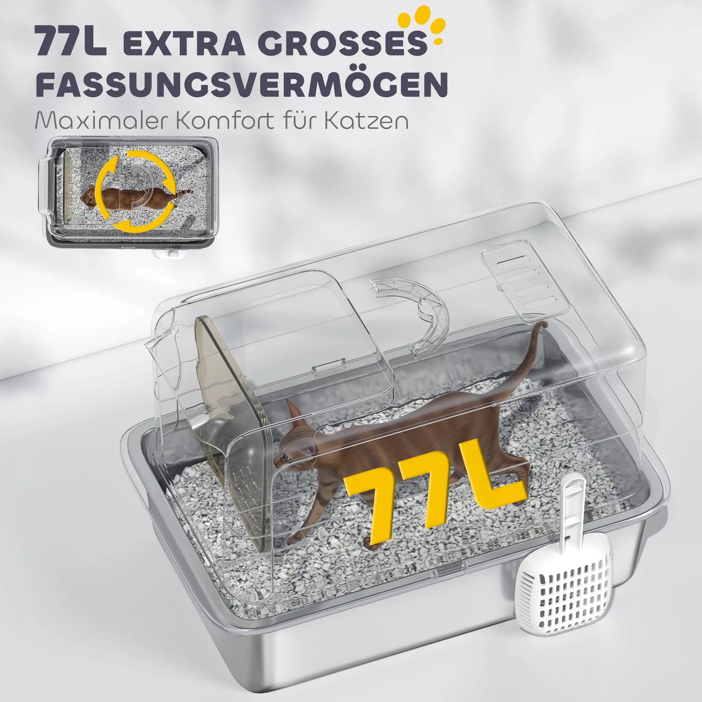 Kačių tualetas, nerūdijančio plieno indas, filtras, kastuvėlis, katėms iki 6 kg, 40,5 x 60,5 x 41,5 cm, Pilka/Sidabrinė