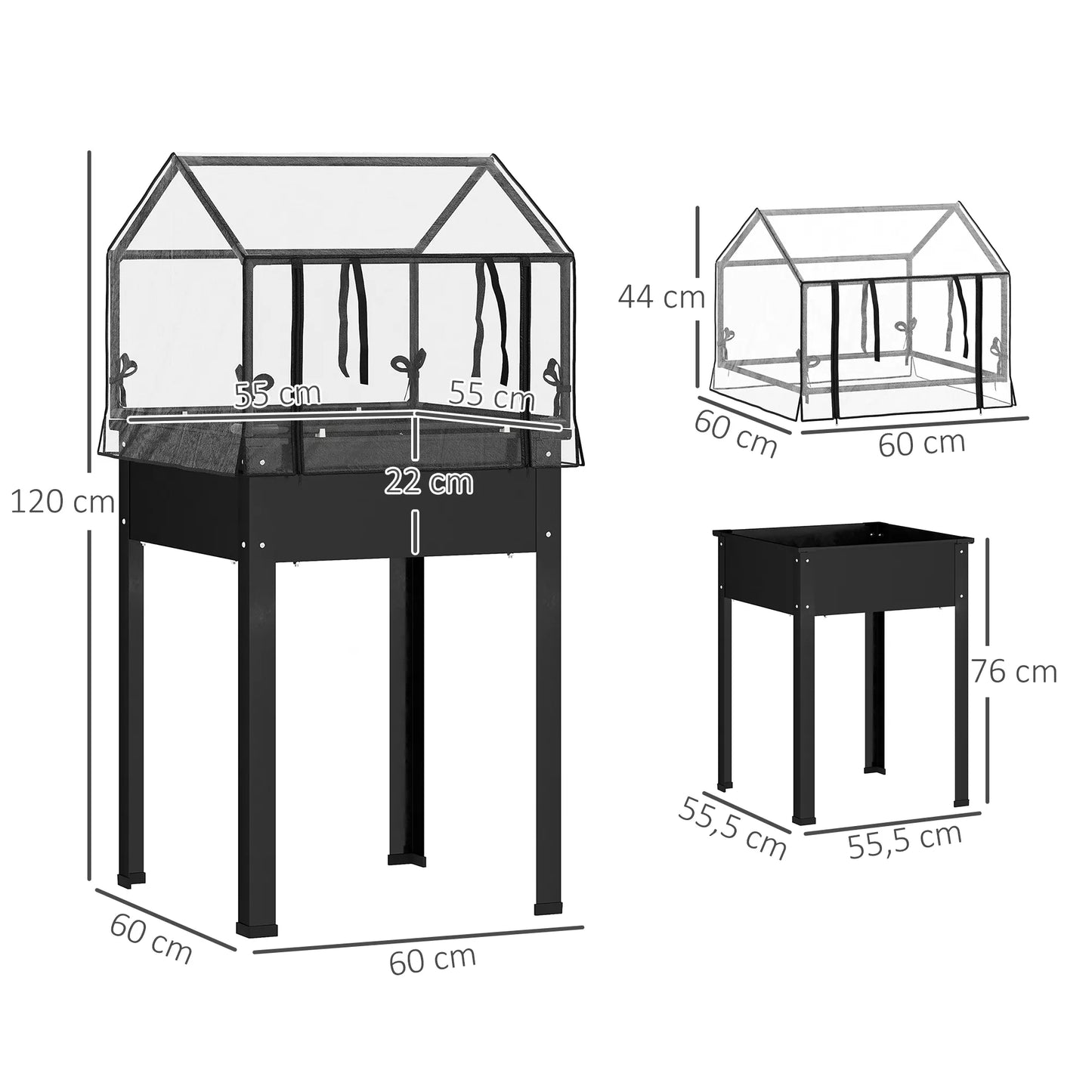 Aukštas lysvė su šiltnamio stogu, pakelta augalų dėžė su drenažo skylėmis, 60 x 60 x 120 cm, juoda