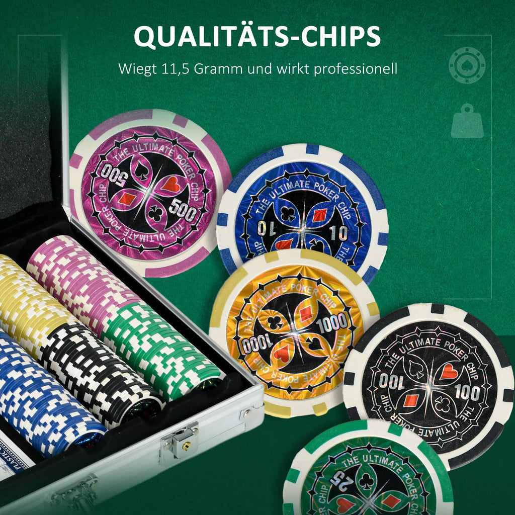 Kazino reikmenys ir žetonai Pokerio rinkinys su žetonais Pokerio žetonų dėklas, su pagrindu, rinkinys su 300 žetonais, 2 kortų žaidimais, 5 kauliukais