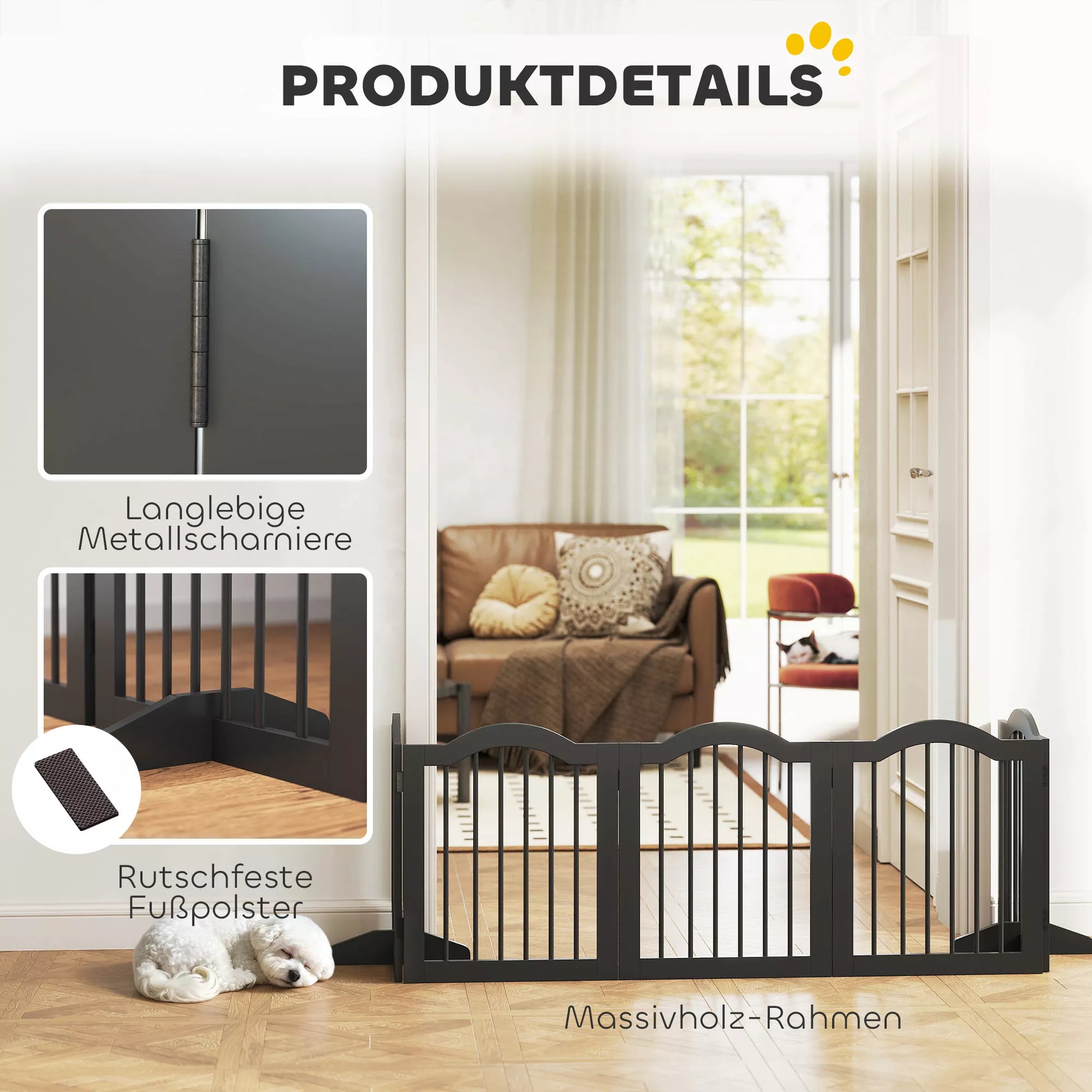 Šunų atitvaras, laisvai pastatomas apsauginis tinklas su kojelėmis, sulankstomas, 5 paneliai, 261,5 x 29,5 x 61 cm, juodas