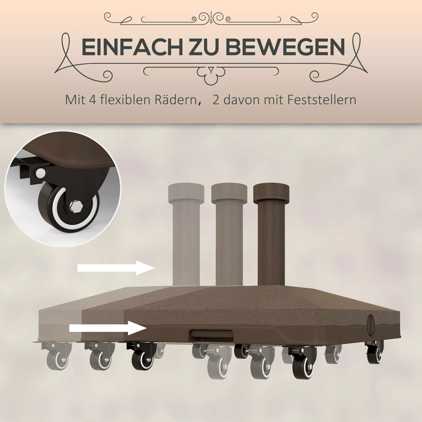 Saulės skėčio stovas, kvadratinis pildomas pagrindas su ratuku, plastikas, 45x45x12 cm, rudas