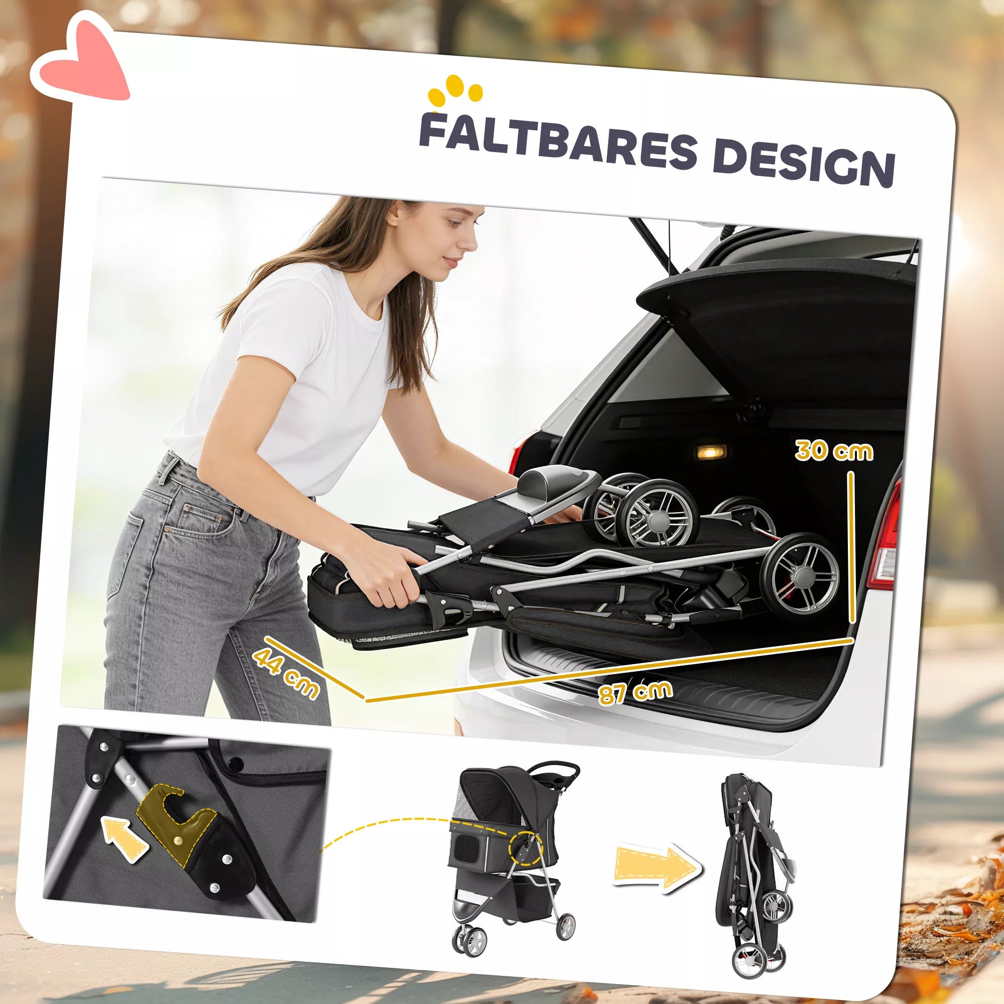 Sulankstomas šunų vežimėlis su reguliuojamu stogu, daiktų laikymo krepšeliu, skirtas mažiesiems šunims iki 10 kg, 77 x 44 x 102 cm, tamsiai pilkos spalvos.