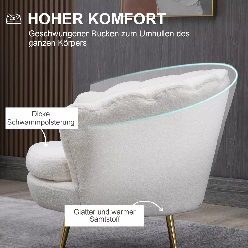 Kėdė su minkštu apmušalu, atpalaiduojanti kėdė, poilsio kėdė, metalinės kojos auksinės spalvos, 79L x 77B x 77H cm, balta