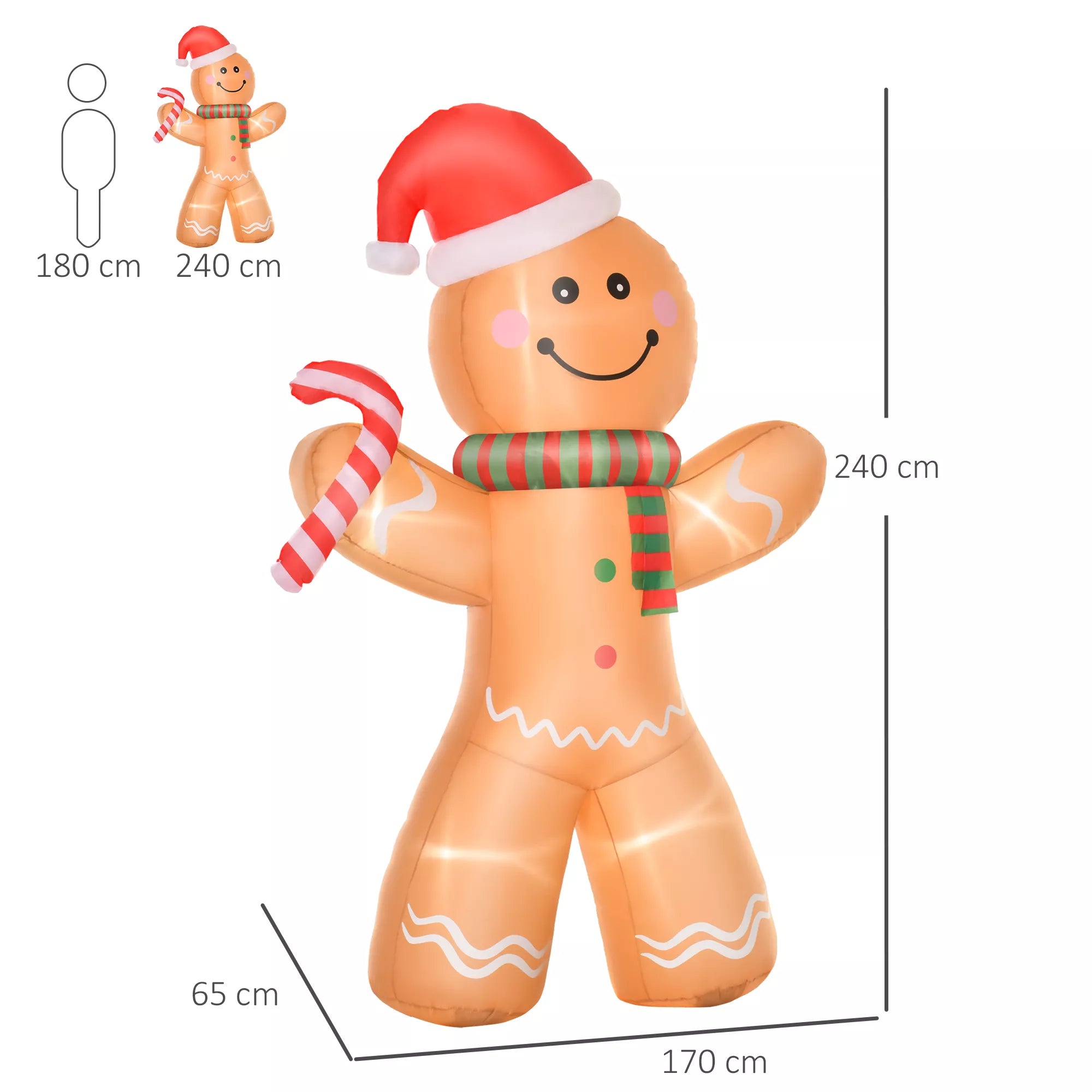 HOMCOM Savaime prisipūčianti Kalėdinė dekoracija – Meduolių vyras, 2,4 m, su pūstuvu ir LED lemputėmis