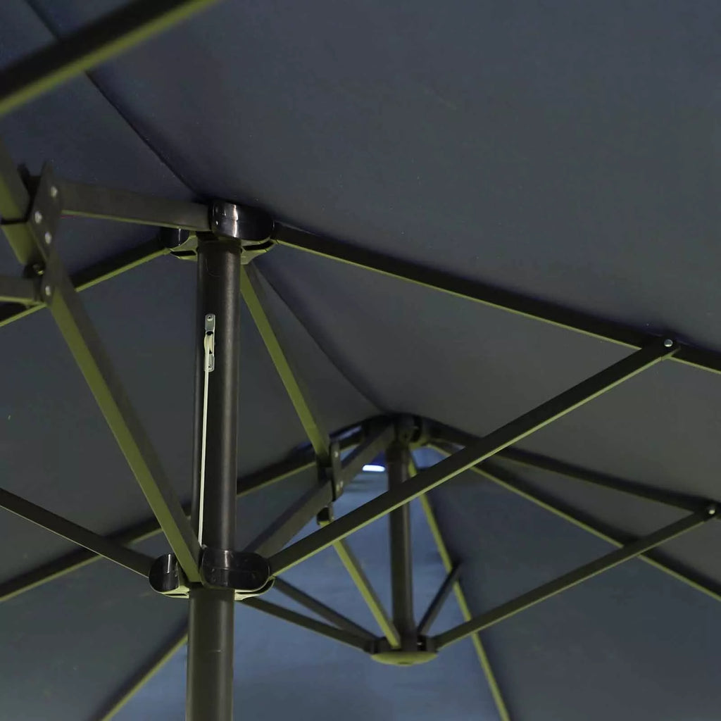Dvigubas skėtis nuo saulės 455 x 270 cm Sodo skėtis su rankine ovalios formos tvirta metaline strypu Turgaus skėtis Dvigubas skėtis nuo saulės Terasos skėtis Apsauga nuo saulės paplūdimyje, balkone, terasoje, sode Mėlynas