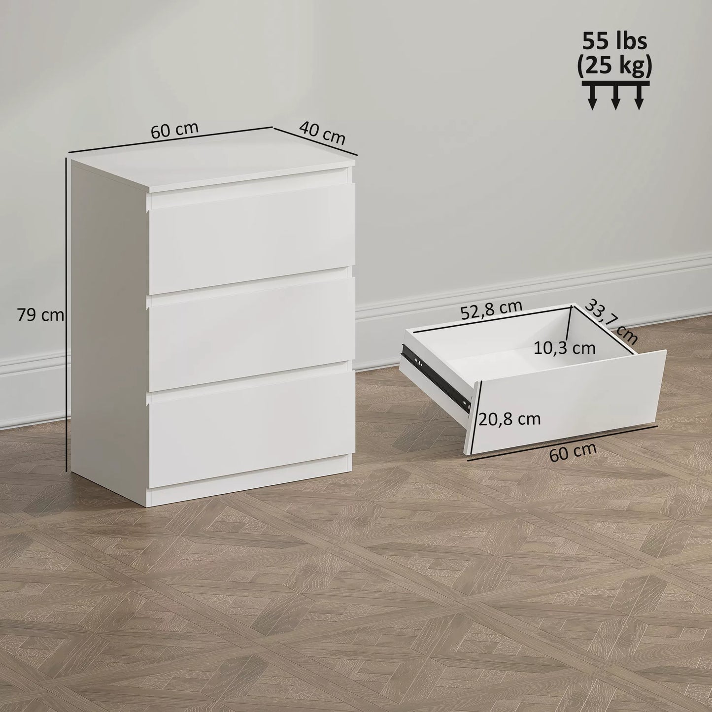 Kompaktinė spintelė su 3 stalčiais, skirta svetainei, miegamajam, prieškambariui, medžio drožlių plokštė, balta