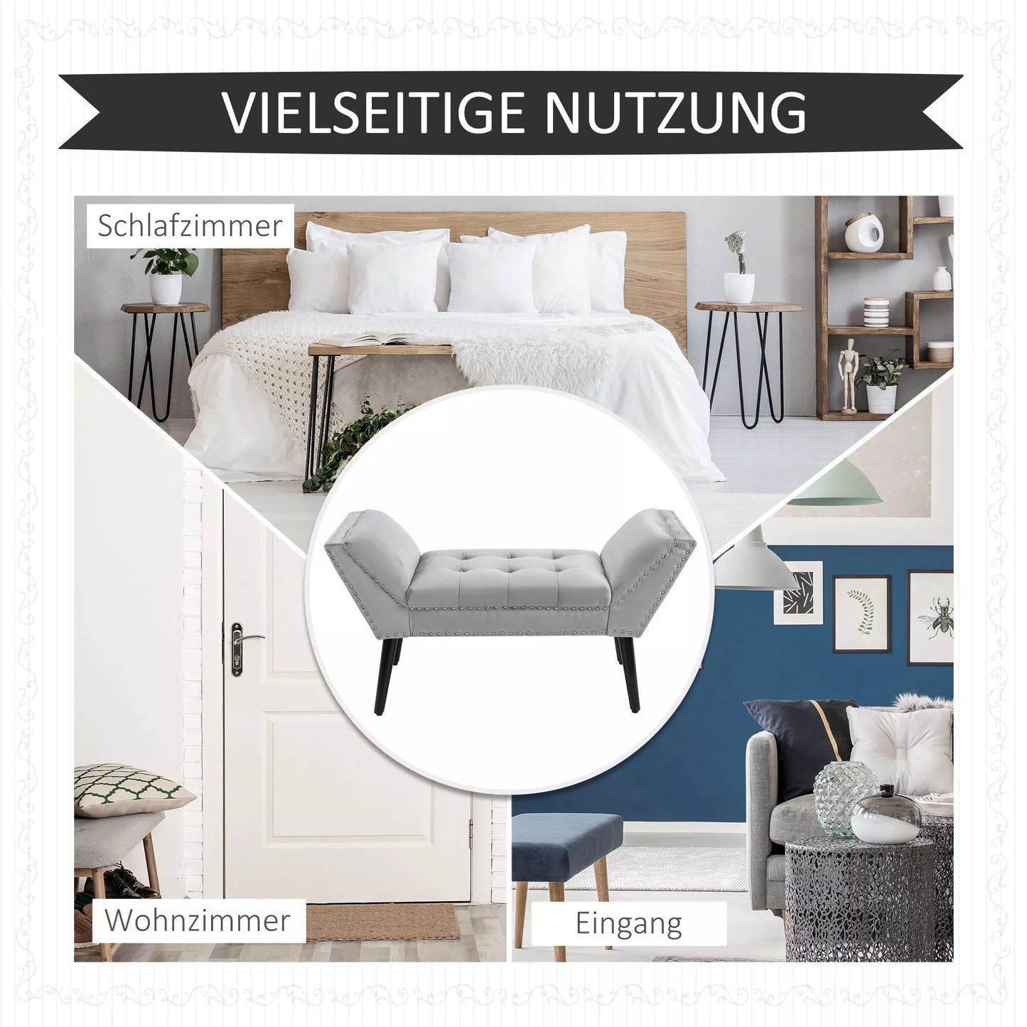 Minkštas suoliukas, fortepijono suoliukas su aksomo išvaizda, lovos suoliukas miegamajam, svetainei, koridoriui, Gumuotas medis, Šviesiai pilka 114 x 46 x 56 cm