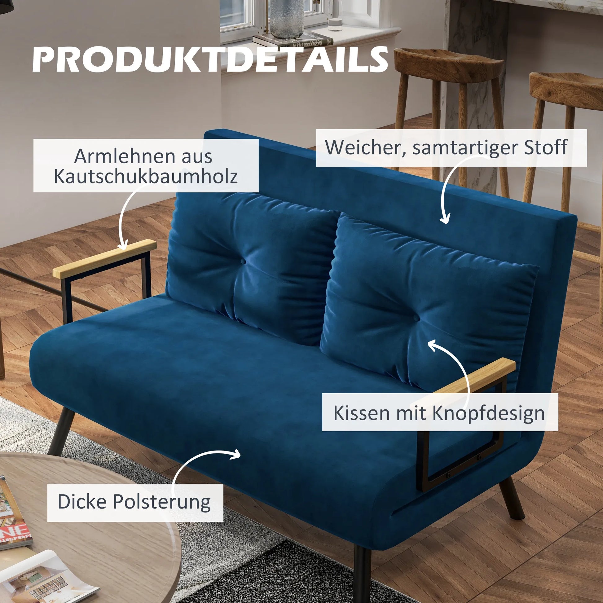 Miegama sofa 2 vietų sofa,  velvetinė sofa, miegojimo funkcija, su 2 pagalvėlėmis, velveto išvaizda, natūrali + mėlyna