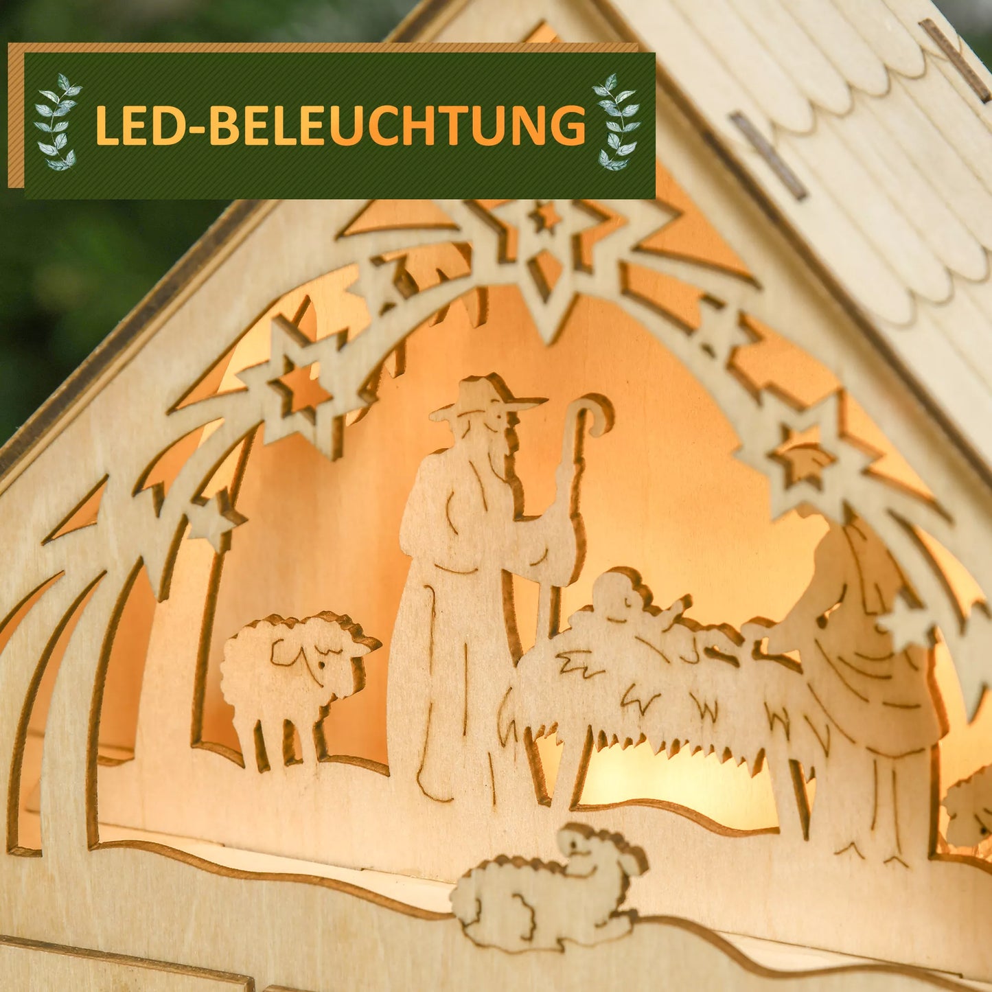 Kalėdų belaidis su LED apšvietimu, 24 stalčiukai, prakartėlės scena, 26,6x6x30 cm, medžio imitacijos