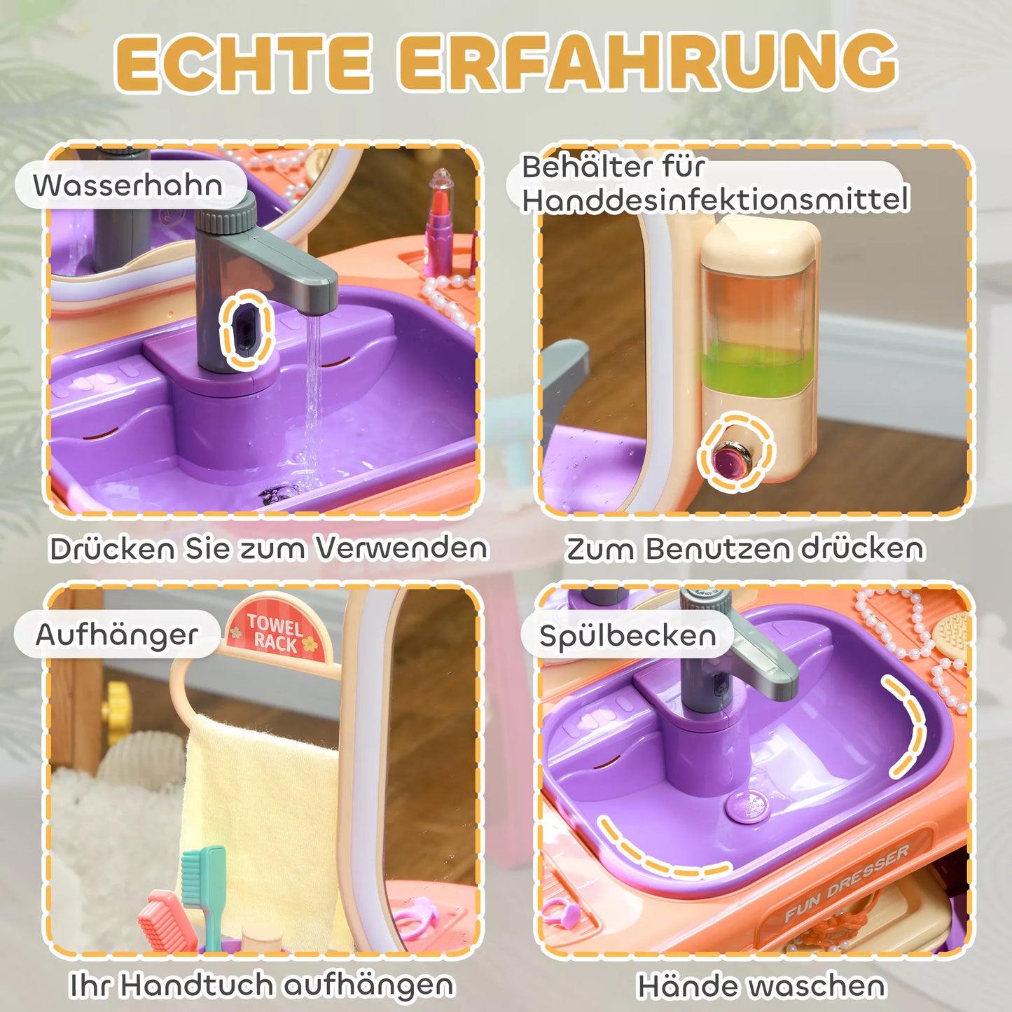 Vaikiškas tualetinis staliukas su LED veidrodžiu, muzika, čiaupu, akriliniu veidrodžiu, violetinės spalvos, 55x29x71 cm