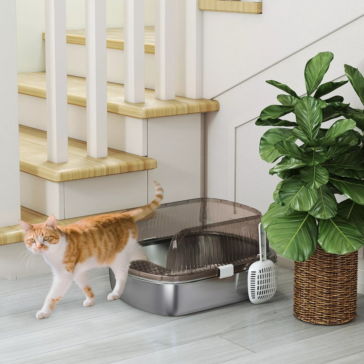 Katės tualetas iš nerūdijančio plieno, katės tualetas su aukštu kraštu, vonia, su kastuvu, skirtas didelėms katėms, 53x42x27 cm, anglies pilkos spalvos