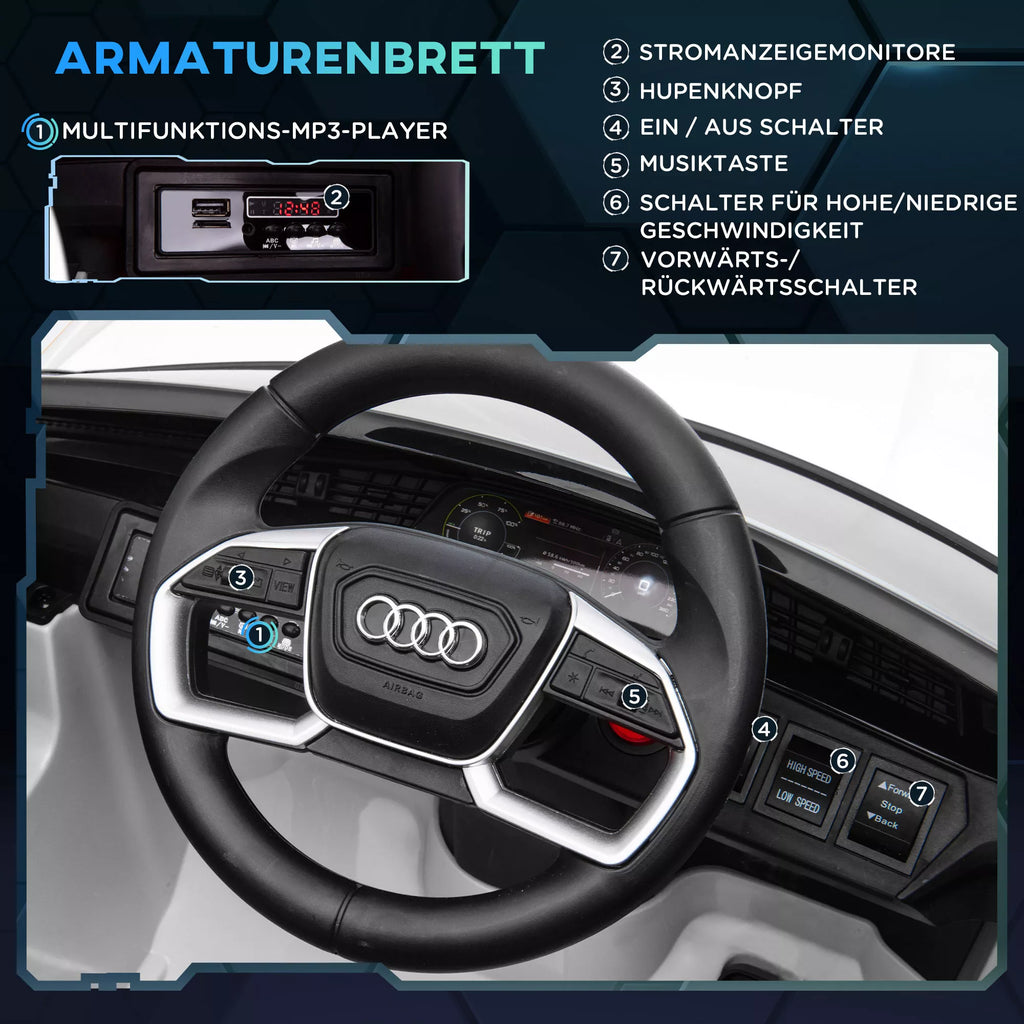 Vaikų Audi automobilio vairas ir prietaisų skydelis iš arti