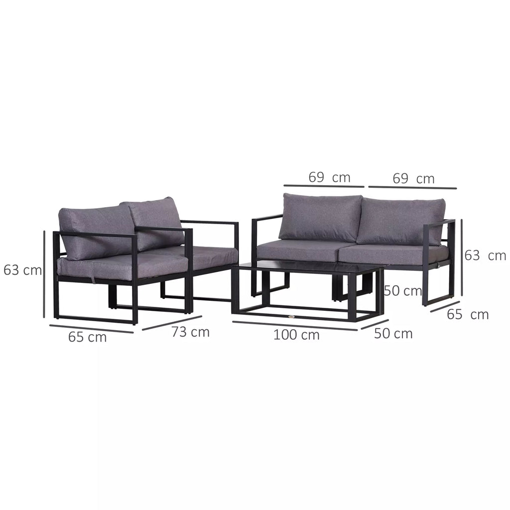 Keturių dalių sodo baldų rinkinys, sėdimoji grupė, sofa su sėdimojo pagalvėlėmis, stalas su daiktų laikymo vieta, poliesteris, pilkos spalvos, 138 x 69 x 63 cm