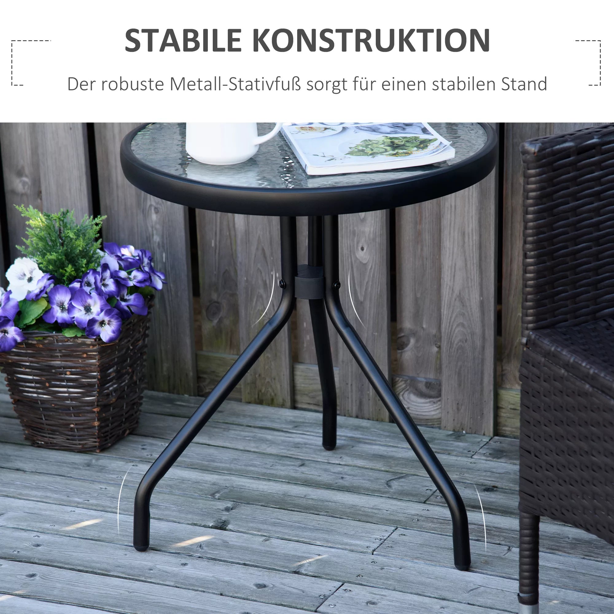 Sodo staliukas – atsparus oro sąlygoms sodo staliukas su stikliniu stalviršiu, metalinis balkono staliukas, Ø50x55 cm (aukštis)