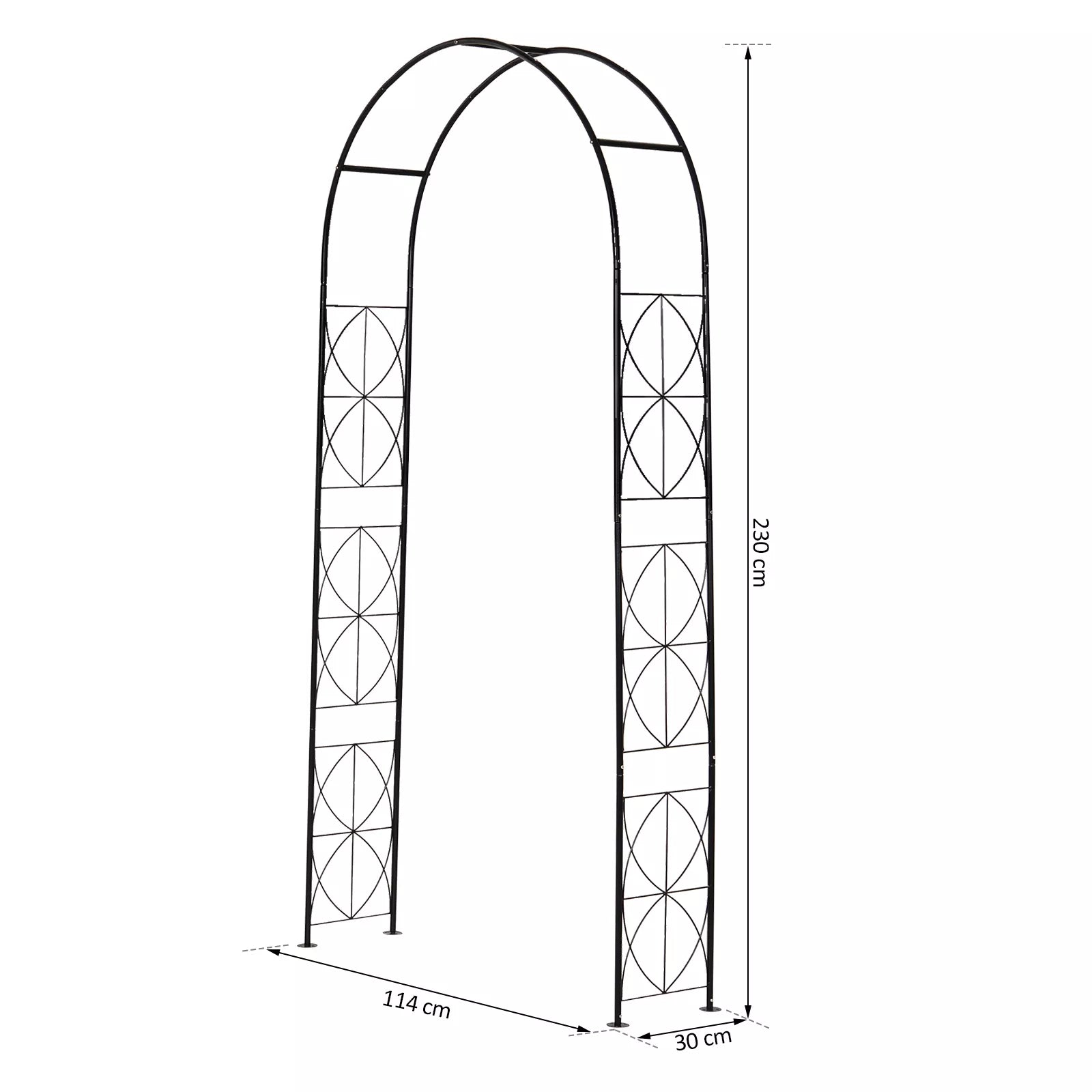 Metalinė rožių arka, atrama vijoklinėms augalams, sodo arka su smaigaliu, metalinė konstrukcija, vartų arka, vijoklinė arka rožėms, vijoklinės grotelės, rožių atrama sodui, 114 x 30 x 230 cm, juoda