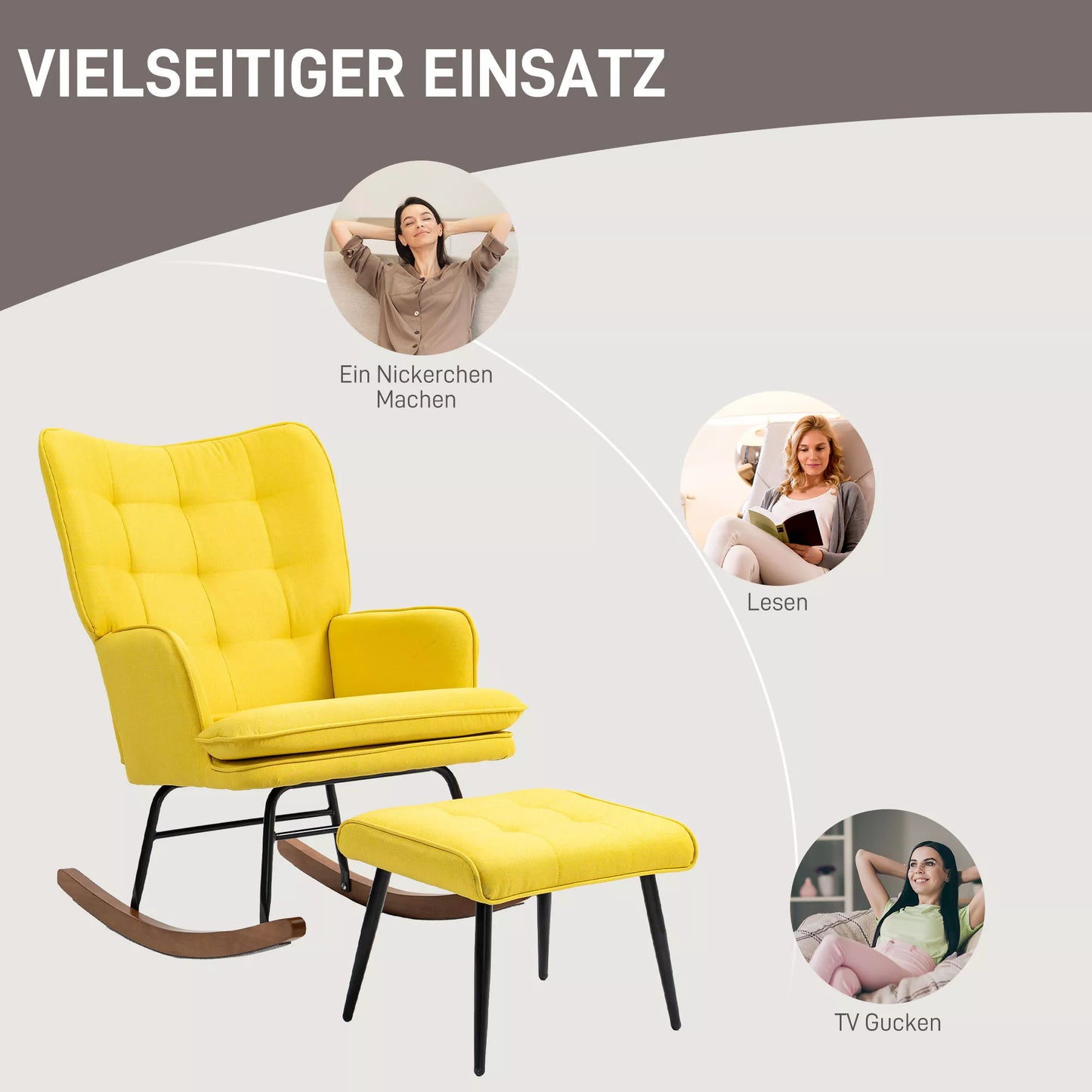 Sūpynės kėdė su pufu Skandidesign Sūpynės kėdė su pufu, bukmedžio, dygsniuota, 64 cm x 89 cm x 90 cm Geltona