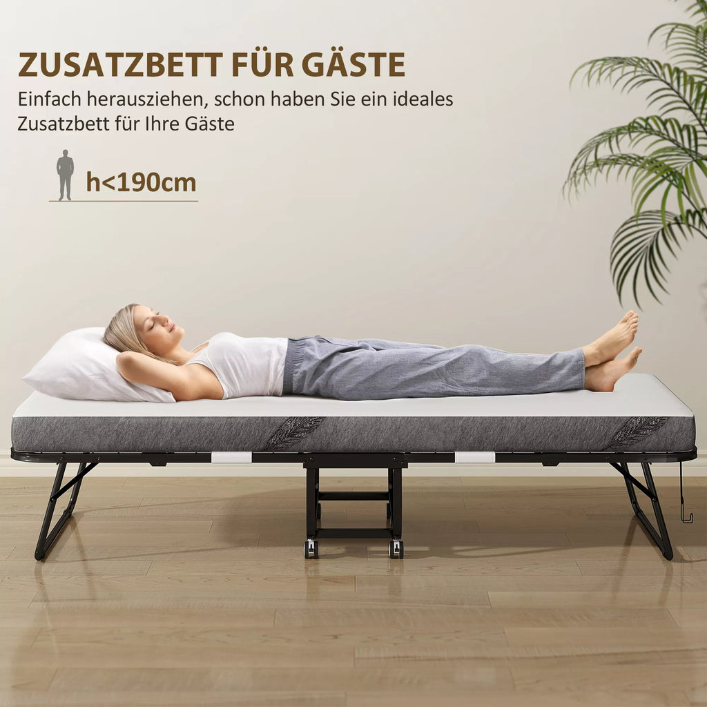 Sulankstoma lova 80x200 cm Suaugusiųjų svečių lova Sulankstoma su 10 cm storio putų guma Kelioninė lova su plieniniu rėmu Lauko lova su ratukais, atlaiko iki 150 kg svorį Viengulė lova