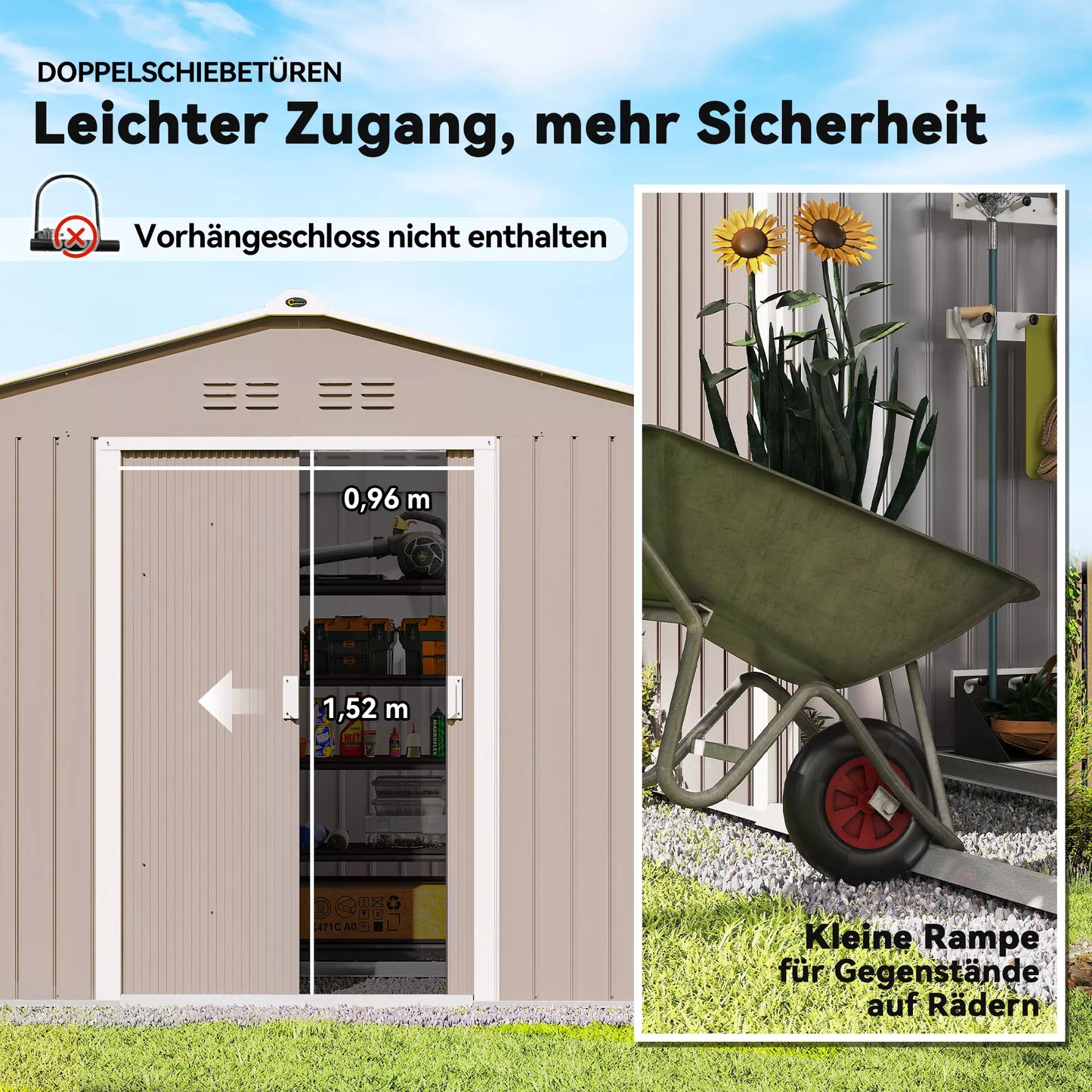 Metalinis sodo namelis įrankiams su stumdomomis durimis ir ventiliacijos langeliais, 277 x 195 x 192 cm, šviesiai pilkos spalvos