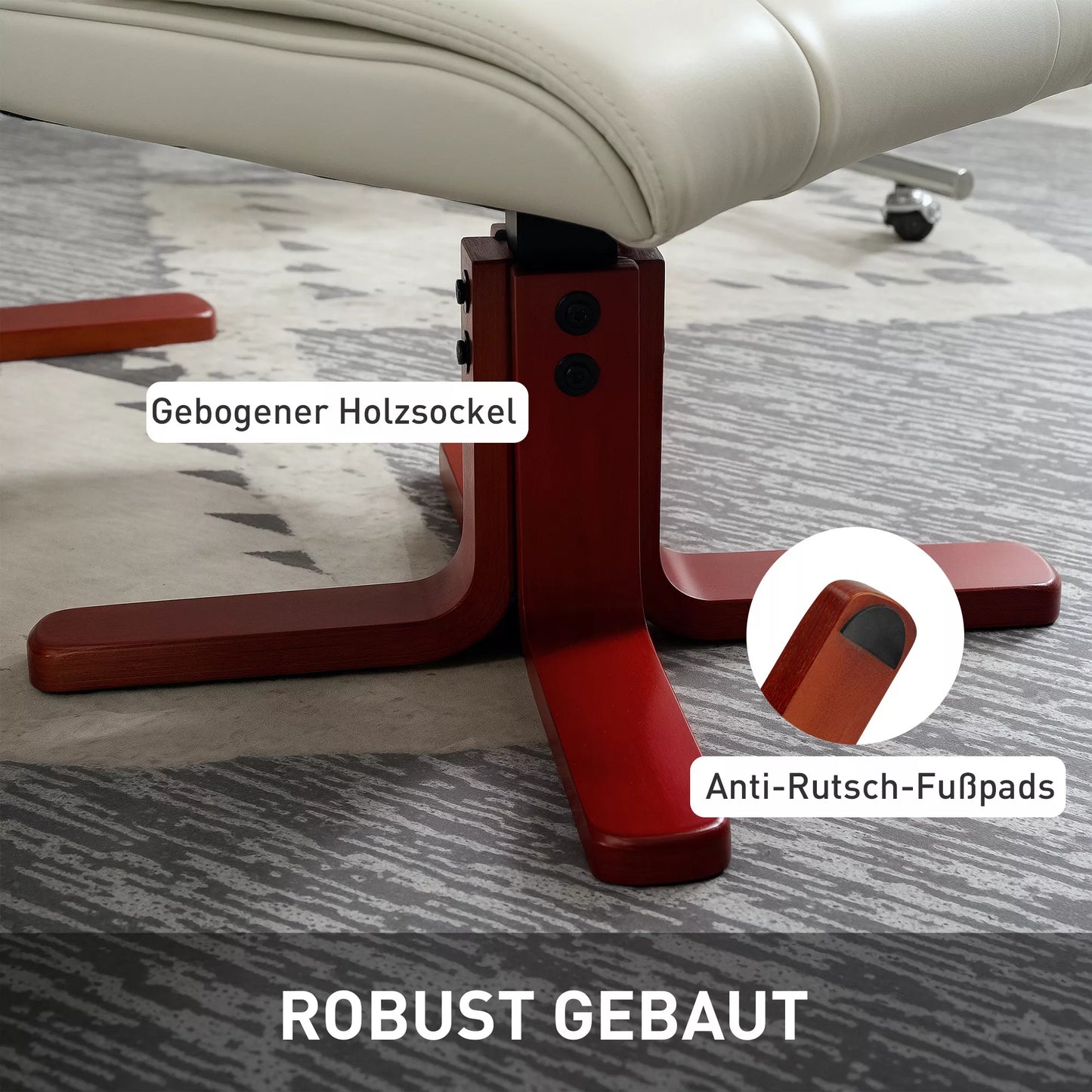 Relaksinis krėslas su pakoja, odos imitacijos, atlošiama nugarėle, iki 150 kg, kreminės baltos spalvos