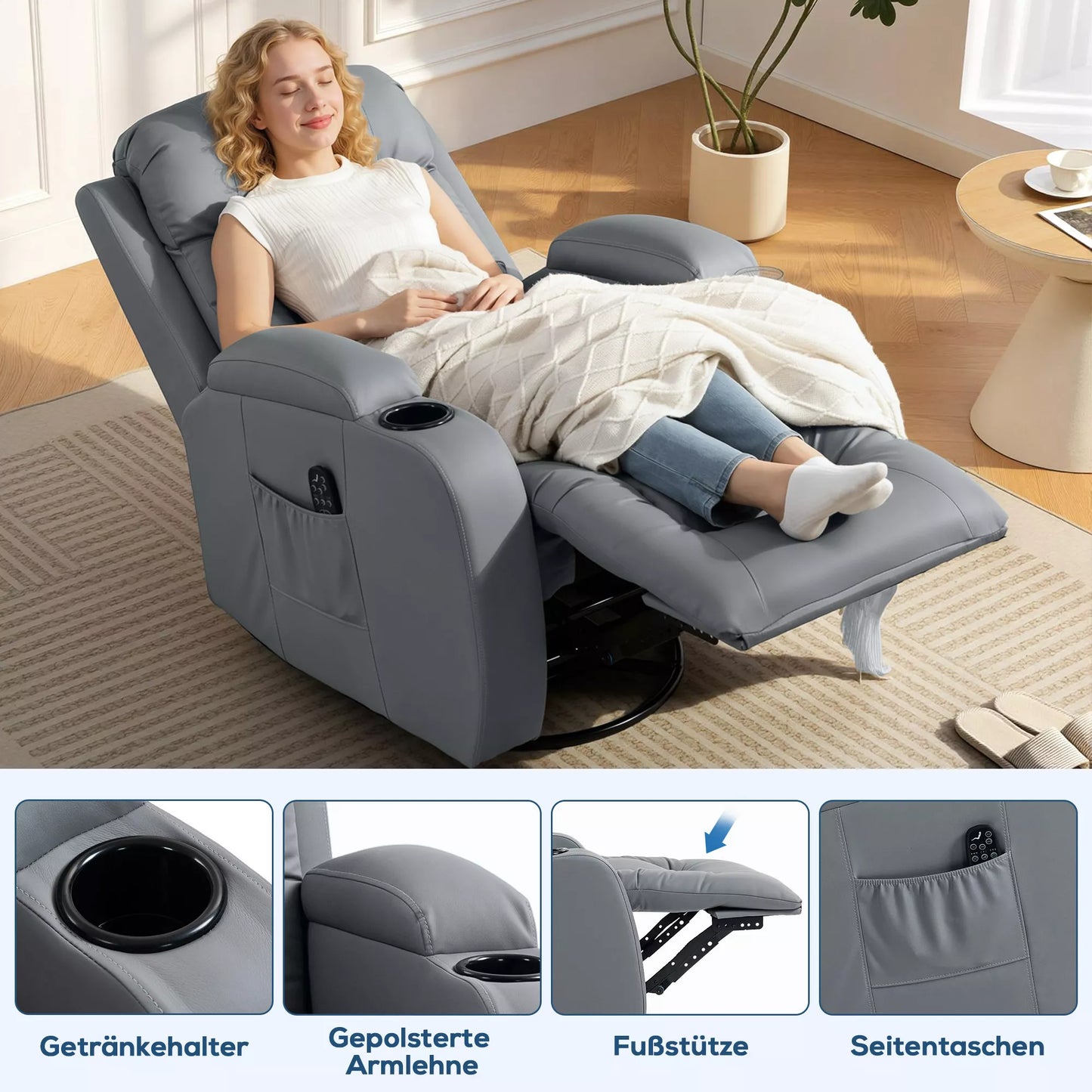 Masažinė kėdė su supimosi, atsigulimo ir šildymo funkcijomis, 3 režimai, pasukama, šviesiai pilka