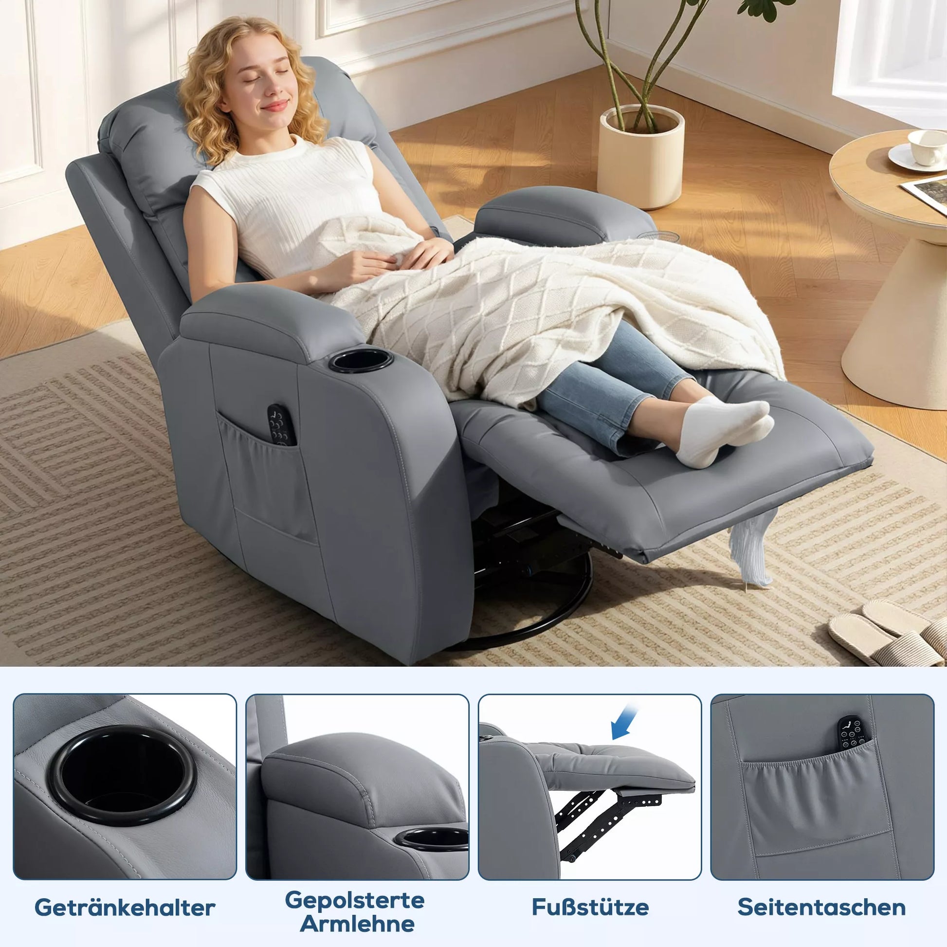 Masažinė kėdė su supimosi, atsigulimo ir šildymo funkcijomis, 3 režimai, pasukama, šviesiai pilka