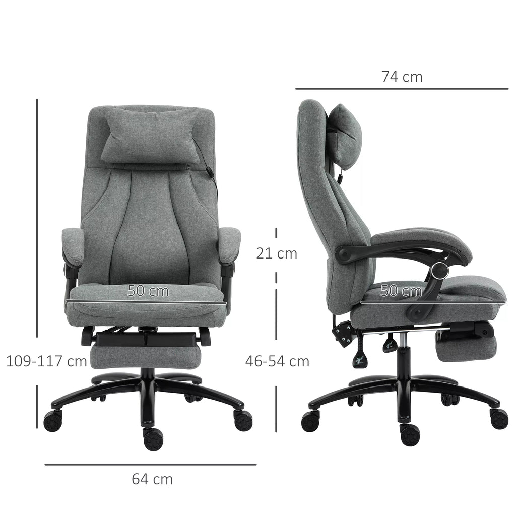 Biuro kėdė su masažo funkcija, aukščio reguliuojama vadovo kėdė, žaidimų kėdė su atlošu ir masažo funkcija, ergonomiška sukiojama kėdė, masažinė kėdė, lino tekstūra, pilka, 64 x 74 x 109–117 cm