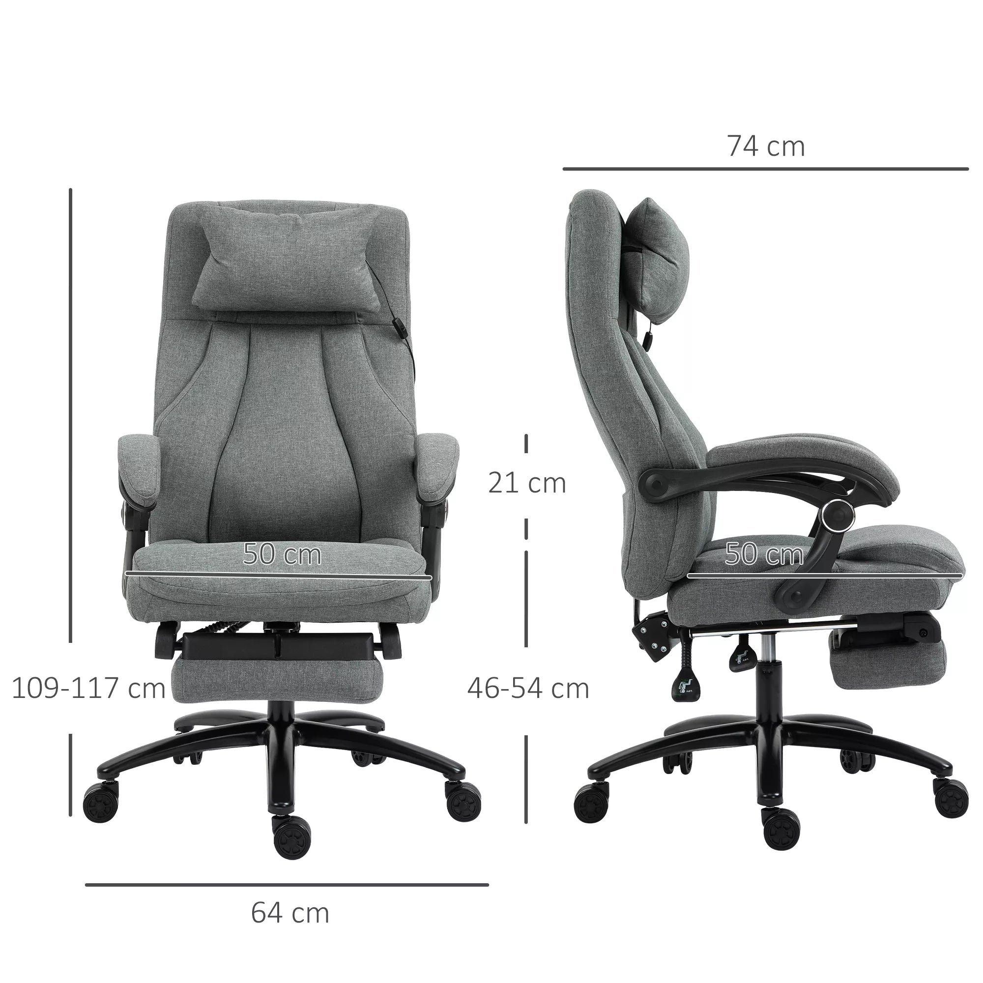 Biuro kėdė su masažo funkcija, aukščio reguliuojama vadovo kėdė, žaidimų kėdė su atlošu ir masažo funkcija, ergonomiška sukiojama kėdė, masažinė kėdė, lino tekstūra, pilka, 64 x 74 x 109–117 cm