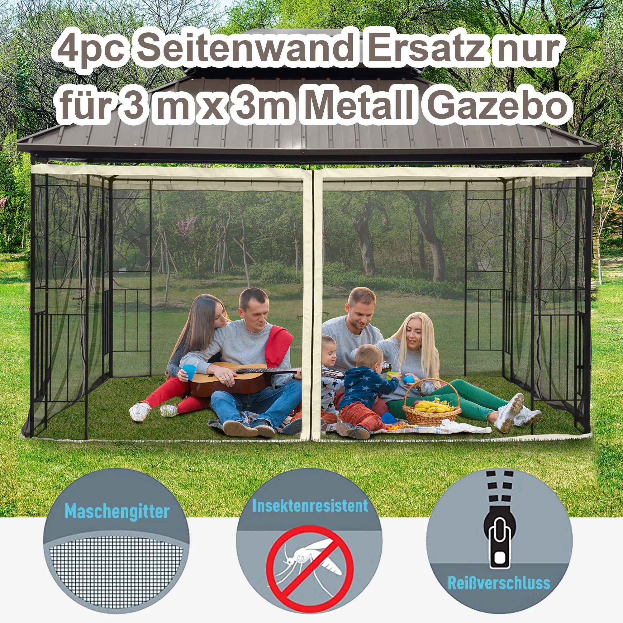 Moskitų tinklas 3x3 paviljonui 4 šoninės dalys Musių tinklas su kabliais Užtrauktukas Moskitų tinklas Vabzdžių apsauga Musių tinklas Nailono tinklas Juodas