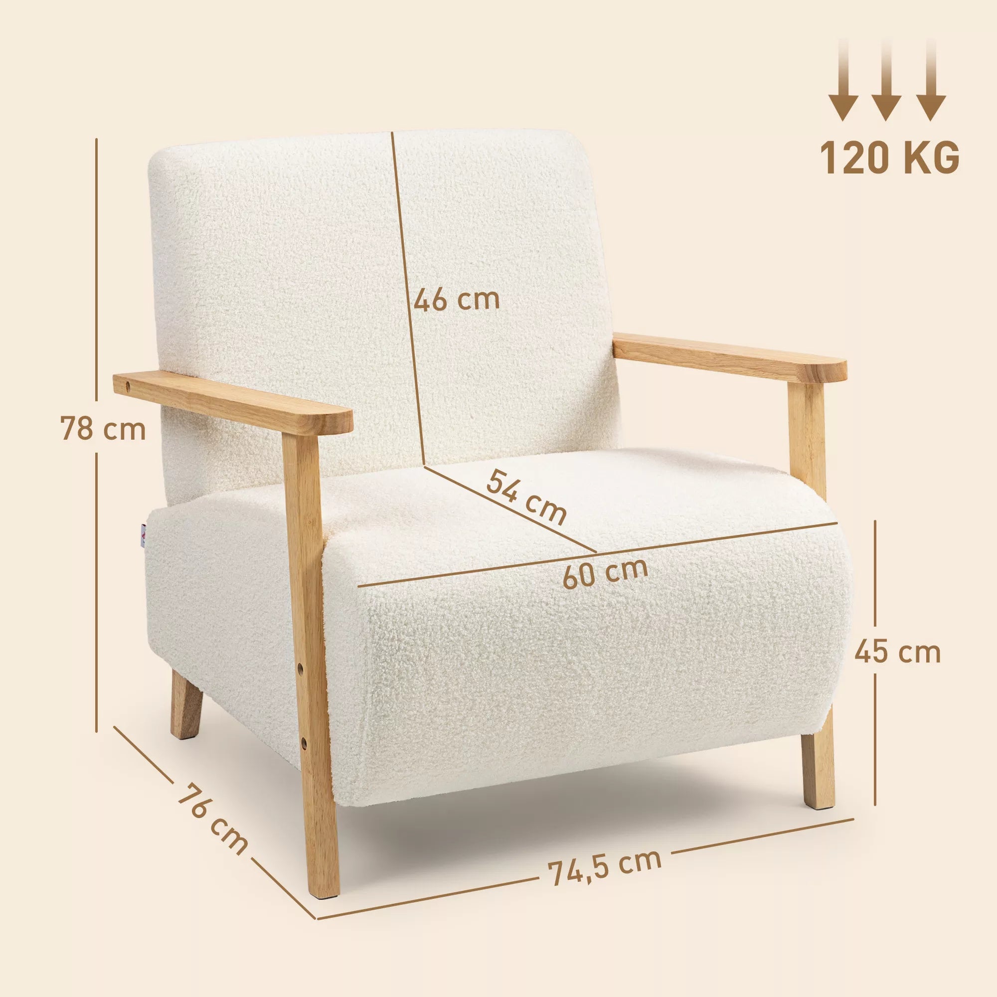 Kėdė su atlošu, porankiais, paminkštinta Poilsio kėdė su šerpa išvaizda, medinėmis kojomis, miegamajam, svetainei, iki 120 kg, kreminė balta