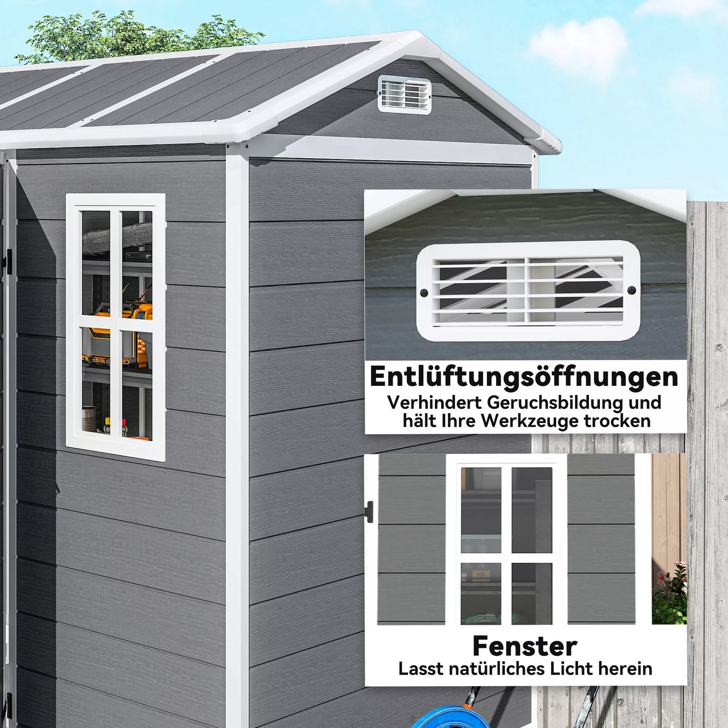 Sodo namelis su grindimis, langais, užrakinamomis durimis, iš plastiko dervos, atsparus oro sąlygoms, pilkos spalvos