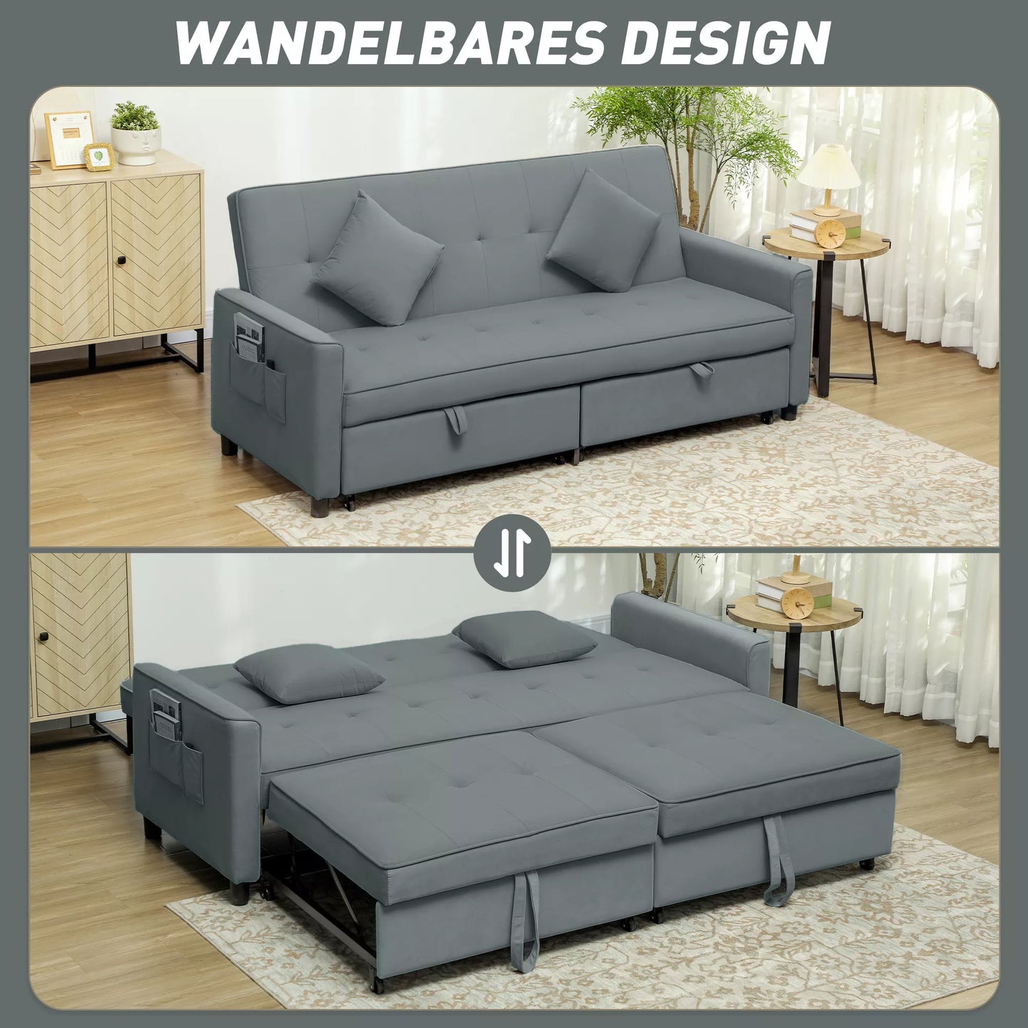 Miegamoji sofa, reguliuojama 3 vietų sofa su miegojimo funkcija, ištraukiama miegamoji sofa, pagalvėlės, pilka