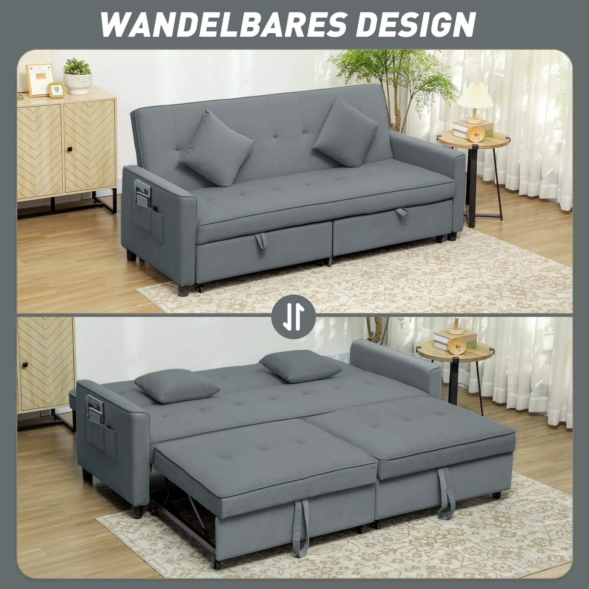 Miegamoji sofa, reguliuojama 3 vietų sofa su miegojimo funkcija, ištraukiama miegamoji sofa, pagalvėlės, pilka