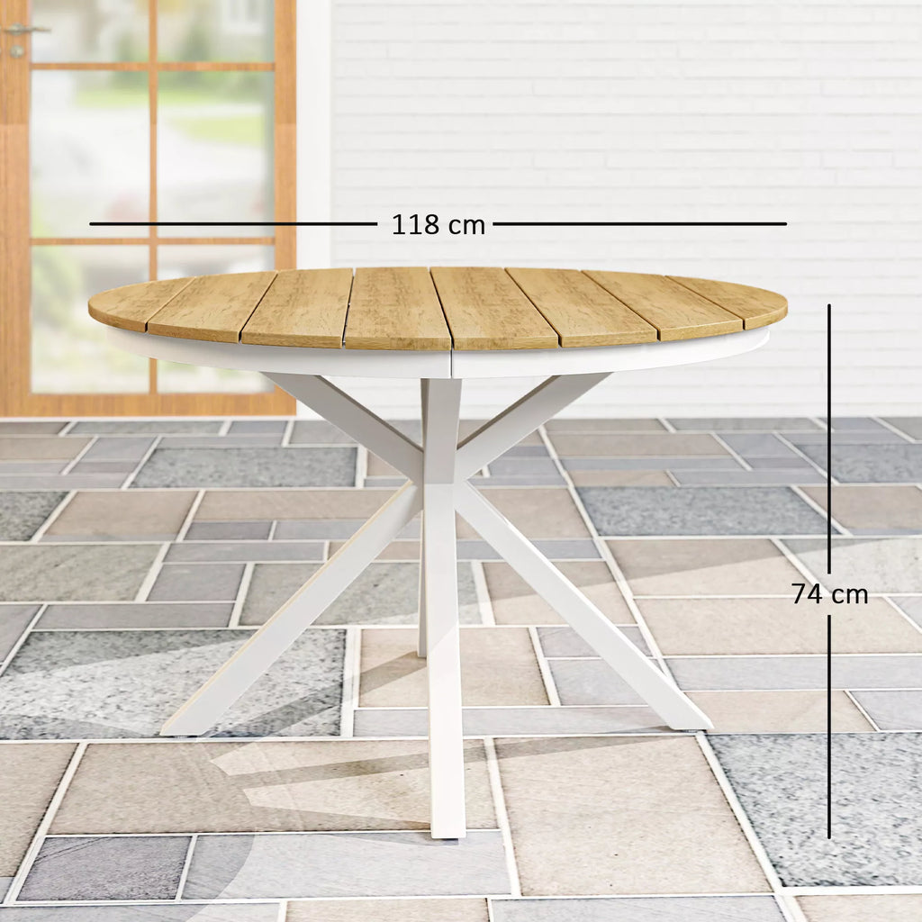 Sodo stalas Ø118 cm, atsparus atmosferos poveikiui, aliuminis balkono stalas, pagalbinis stalas su kryžminėmis kojomis, lentų dizainas, tiko mediena