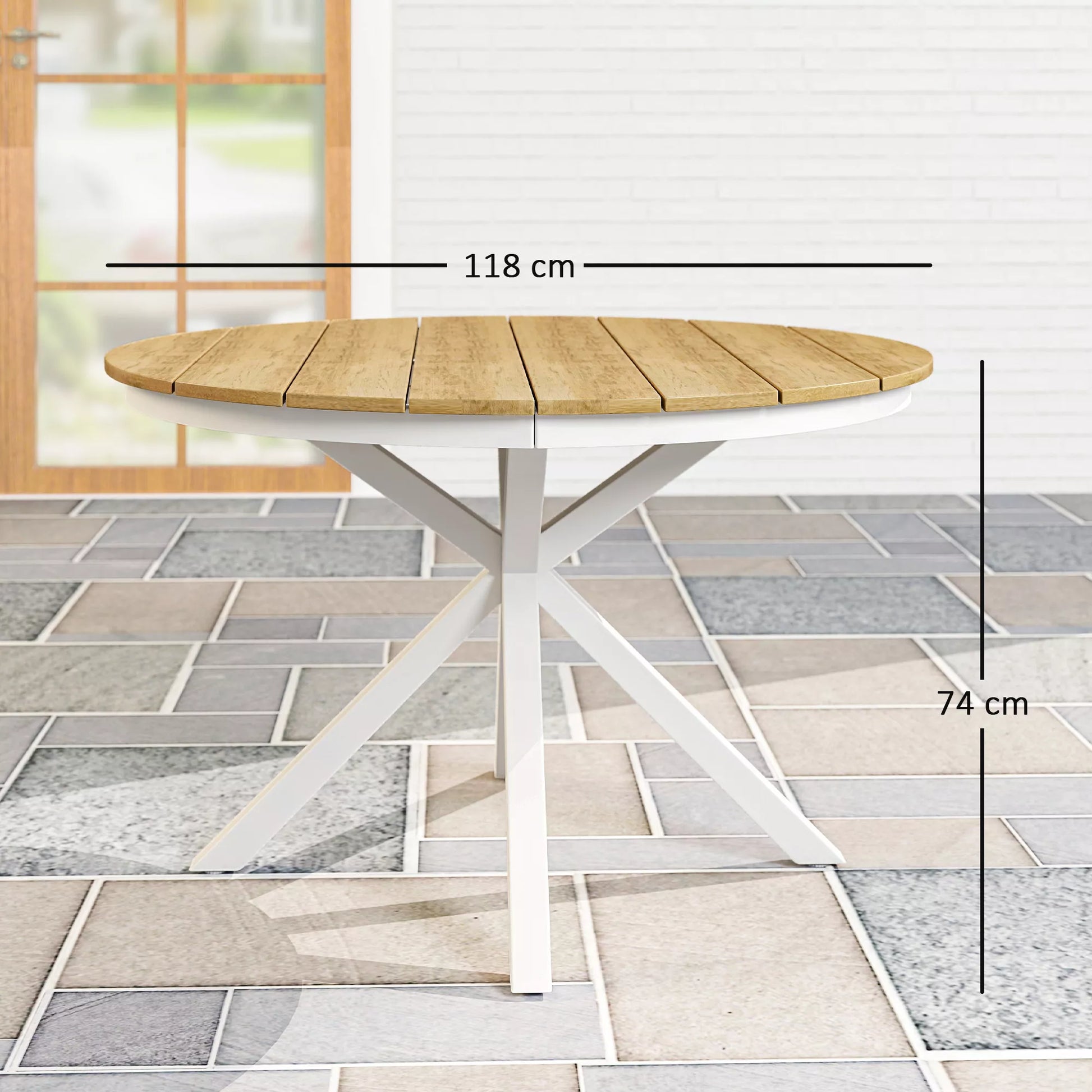Sodo stalas Ø118 cm, atsparus atmosferos poveikiui, aliuminis balkono stalas, pagalbinis stalas su kryžminėmis kojomis, lentų dizainas, tiko mediena